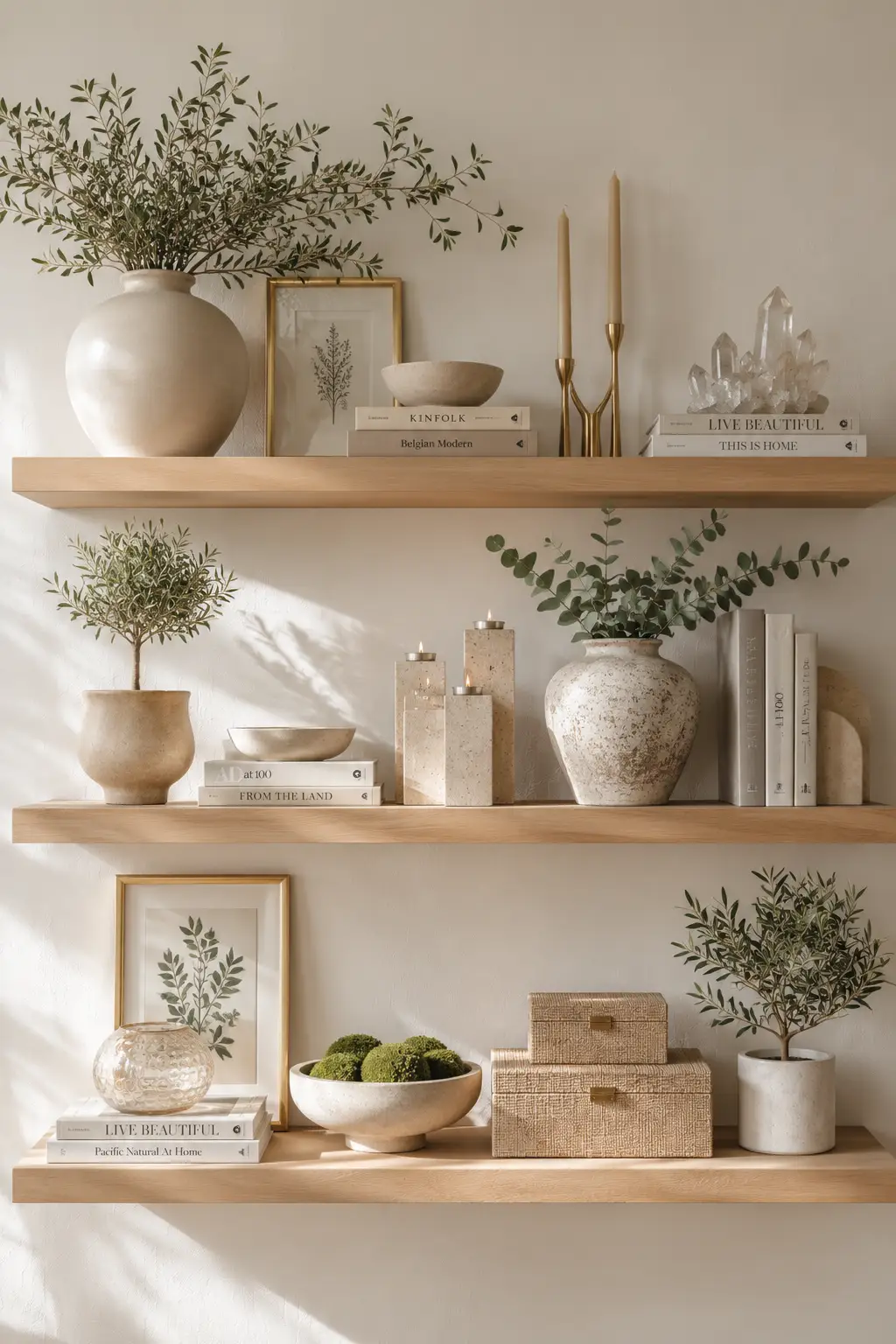 Modern floating wood shelves styled with ceramic vases, olive tree, botanical artwork, designer books, woven baskets, sculptural decor, and fresh greenery creating elegant spring shelf styling in a luxury home.