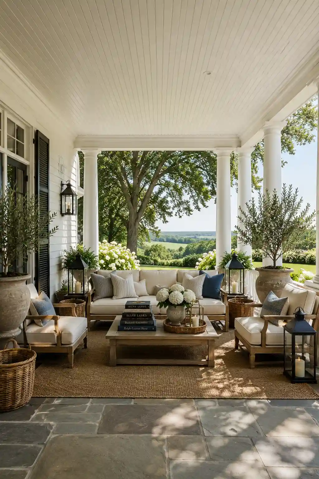 Elegant Ralph Lauren covered porch with white columns, outdoor luxury seating, weathered wood coffee table, woven outdoor rug, oversized lanterns, olive trees, fresh white flowers, countryside views, neutral outdoor furniture, and timeless traditional patio decorating inspiration.