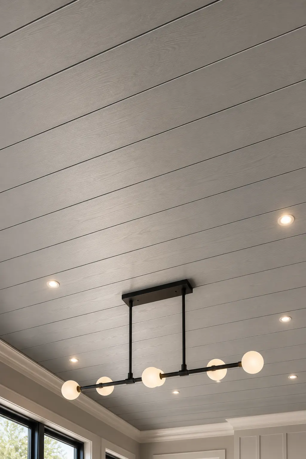 Light gray shiplap ceiling with modern linear globe chandelier, recessed lighting, elegant painted wood ceiling planks, sophisticated contemporary interior, soft neutral ceiling finish, premium modern home inspiration, timeless gray shiplap ceiling design with stylish lighting fixtures