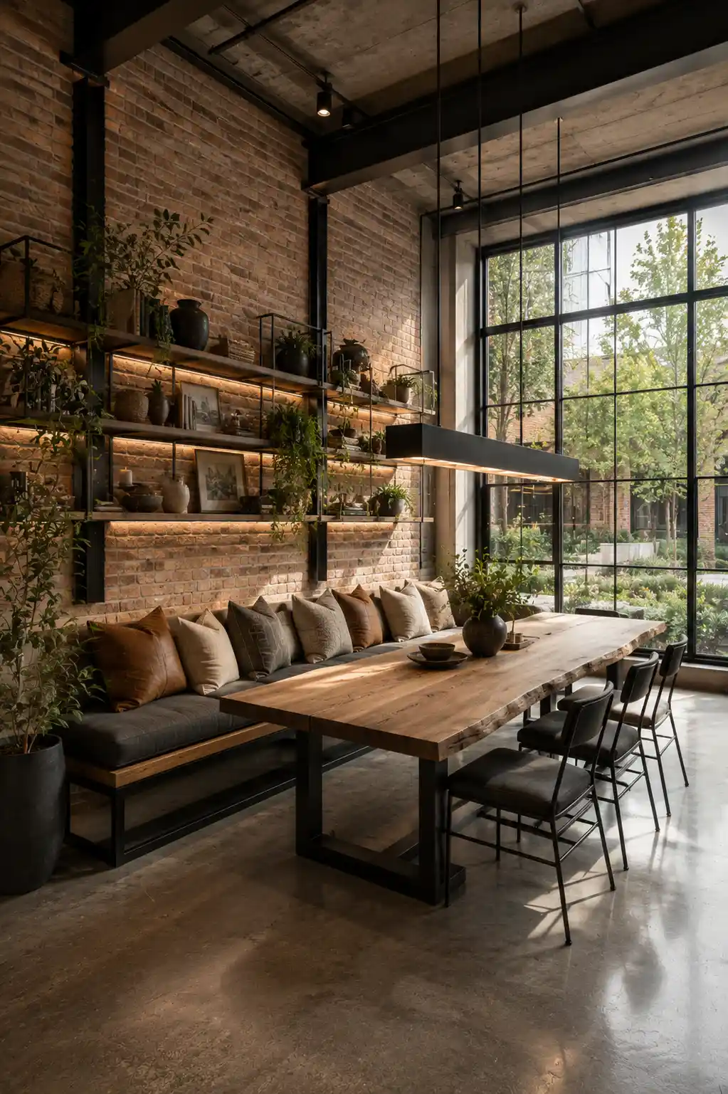 Industrial banquette seating with exposed brick wall, black steel shelving, live edge wood dining table, metal dining chairs, loft dining room ideas, modern industrial breakfast nook, custom built in bench seating, urban dining space inspiration, rustic industrial interiors.
