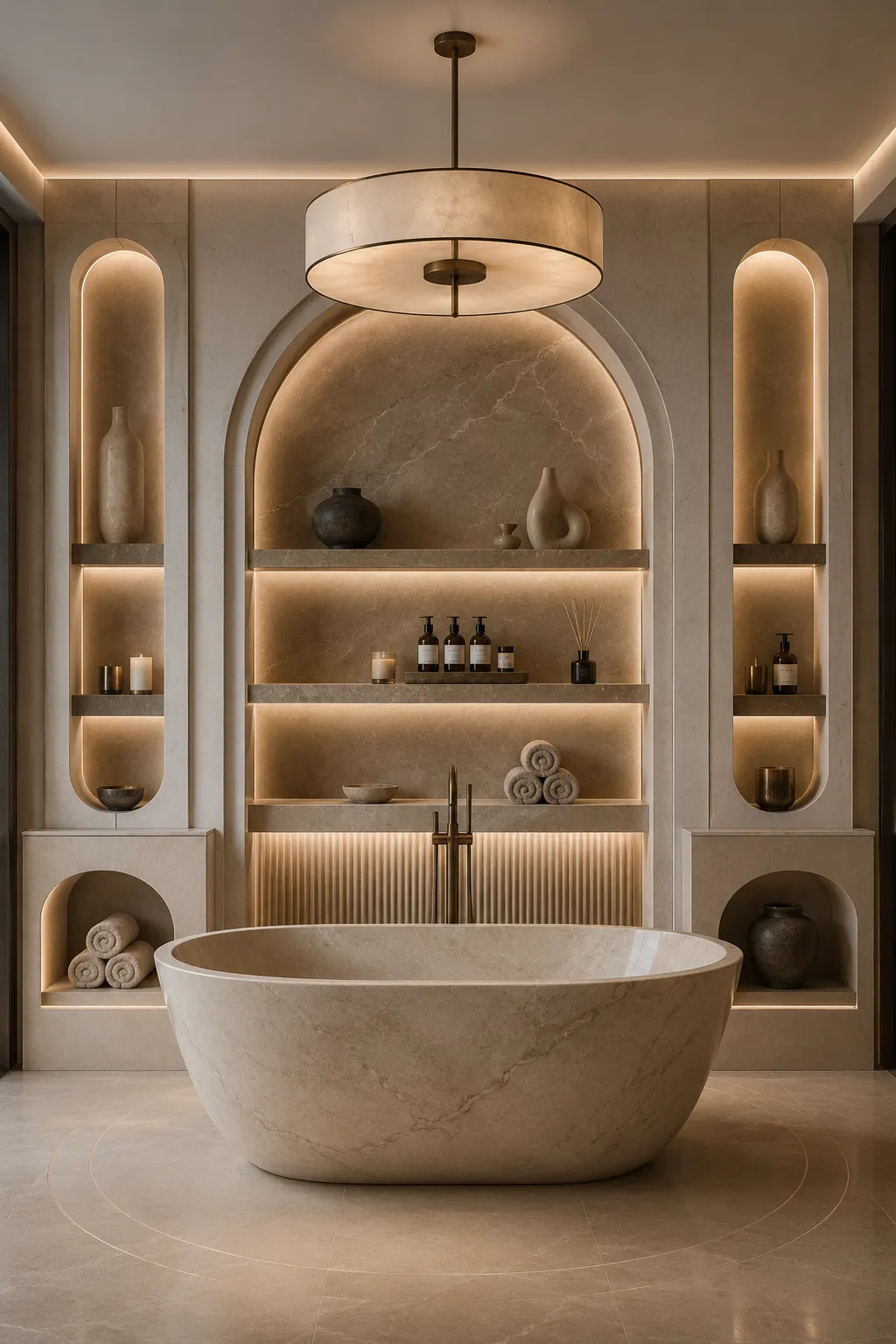 Luxury bathroom featuring a dramatic statement shelf wall behind a freestanding stone bathtub, with illuminated arched niches, floating shelves, rolled towels, bath products, candles, and sculptural decor.