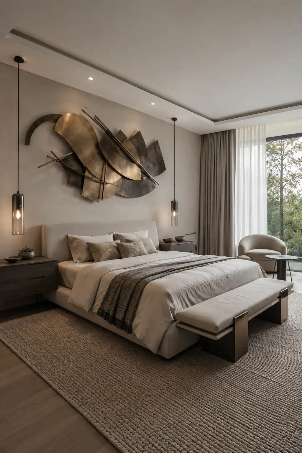 Contemporary bedroom featuring a bold abstract metal wall sculpture above the upholstered headboard, layered brushed brass and dark bronze forms, warm pendant lights, neutral bedding, dark nightstands, a textured rug, and modern luxury bedroom styling.
