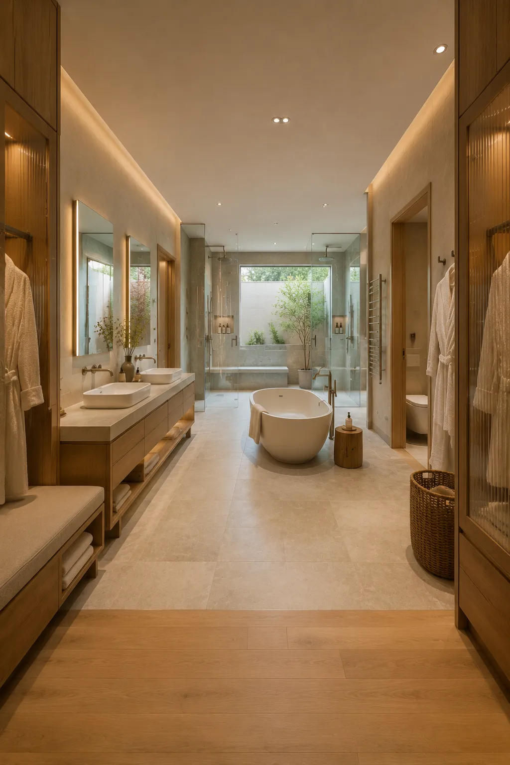 Resort style master bathroom suite featuring a central freestanding soaking tub, long double vanity with vessel sinks, spacious glass enclosed double shower, private toilet room, built in robe storage, changing bench, tall cabinetry, natural stone flooring, and soft architectural lighting.
