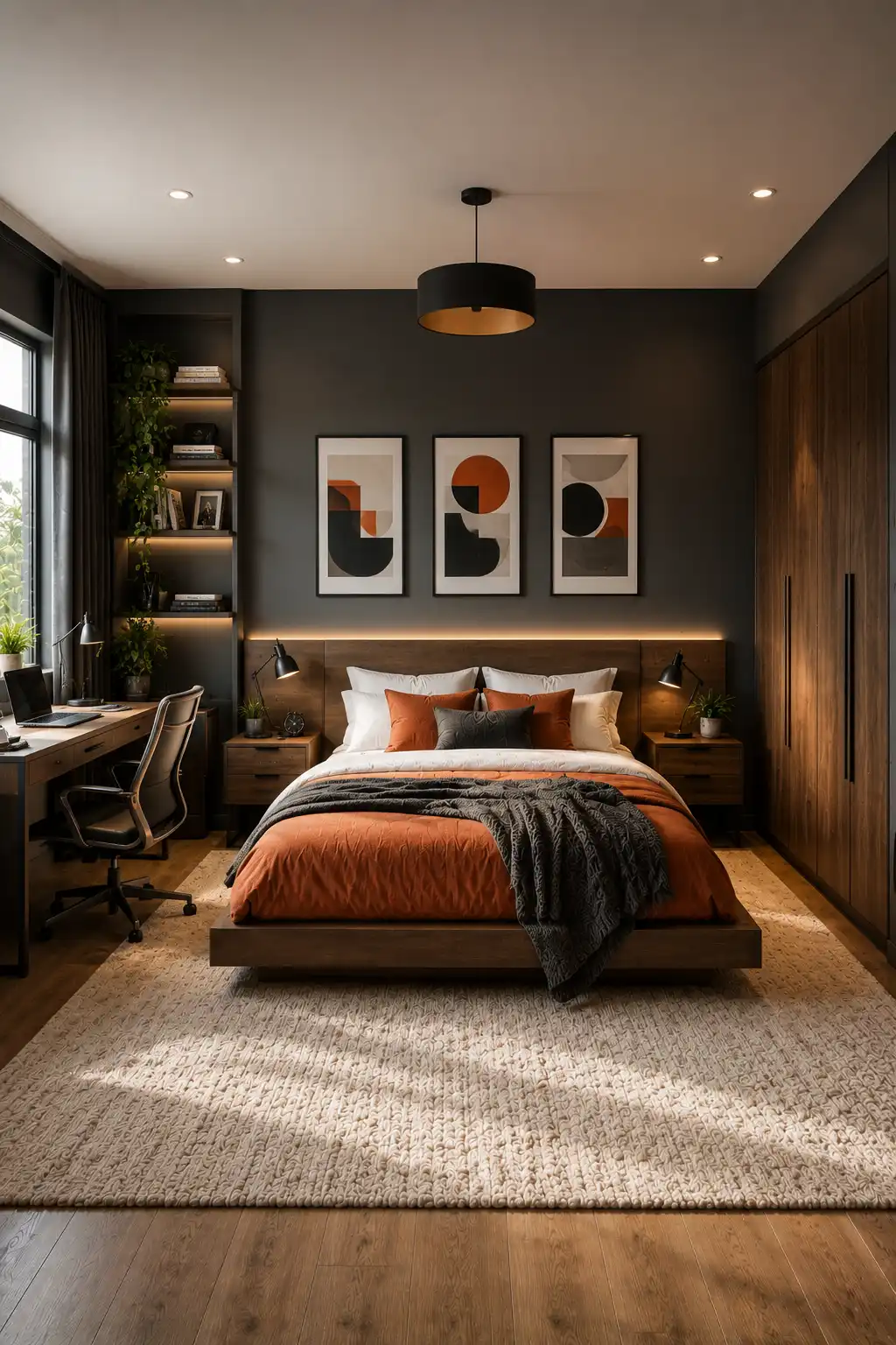 Modern charcoal teen bedroom with burnt orange bedding, walnut furniture, abstract wall art, LED accent lighting, spacious study desk, textured rug, stylish contemporary decor, and cozy masculine bedroom inspiration.