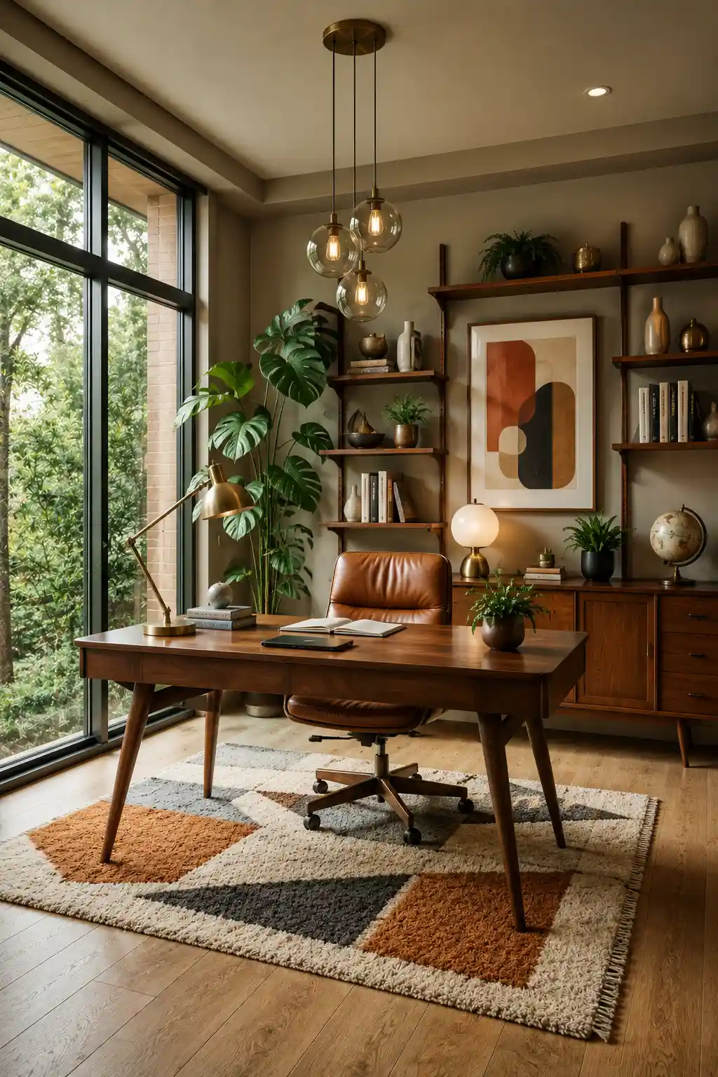 Mid Century Modern home office with a walnut desk, leather office chair, tapered furniture, open shelving, brass lighting, geometric rug, indoor greenery, large windows, and timeless modern design for a compact workspace.