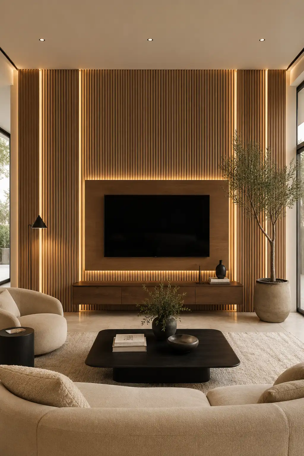 Vertical fluted wood TV wall with integrated warm LED lighting, floating walnut media cabinet, floor to ceiling architectural wood slats, luxury neutral living room furniture, custom built entertainment wall, and a sophisticated modern designer interior.