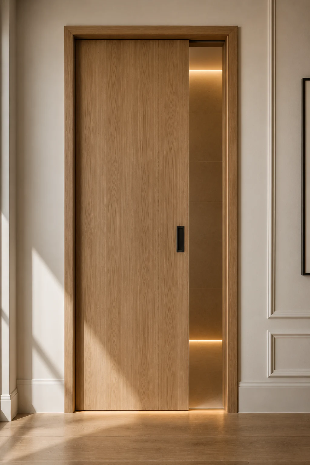 Modern natural oak pocket sliding bathroom door with recessed matte black handle, minimalist wall detailing, warm ambient lighting, space saving interior design, and contemporary small bathroom ideas for modern homes.