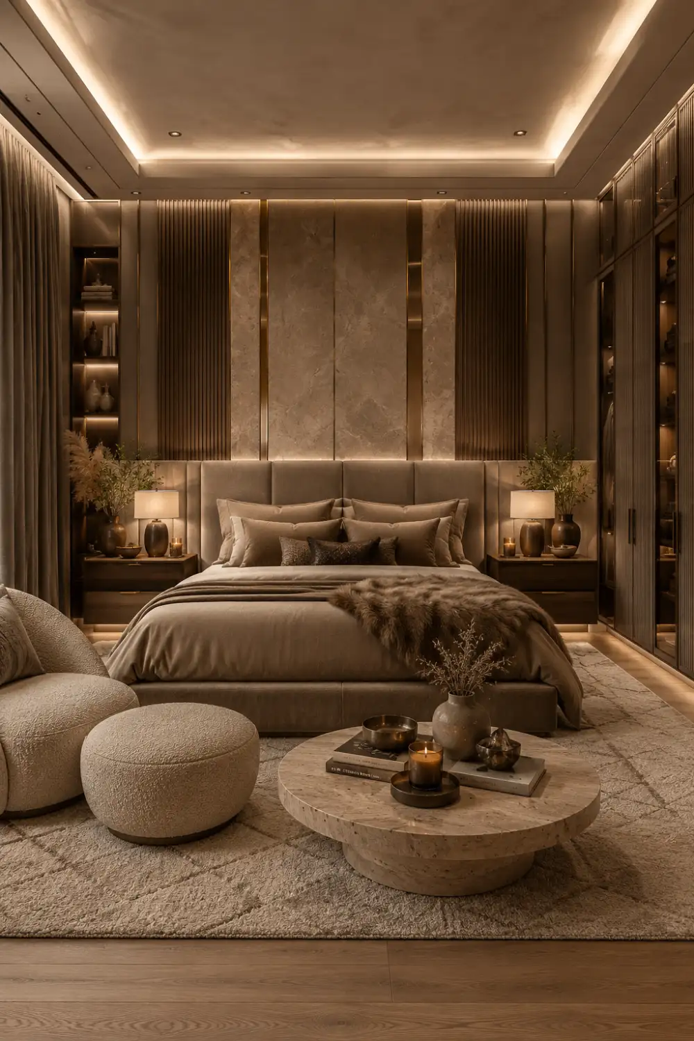 Luxury desert sand bedroom featuring smoky taupe bedding, burnished bronze accents, fluted wall panels, neutral luxury bedroom decor, warm earthy color palette, boutique hotel bedroom inspiration, modern organic interior, elegant designer bedroom, cozy neutral home decor, timeless bedroom styling.