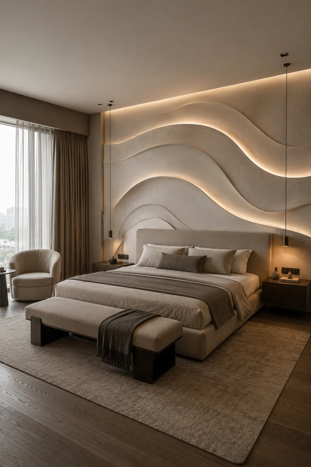 Modern luxury bedroom featuring a sculptural wave form plaster feature wall behind the headboard, flowing layered curves, concealed warm LED lighting, neutral upholstered furniture, dark wood nightstands, pendant lights, and elegant contemporary bedroom decor.