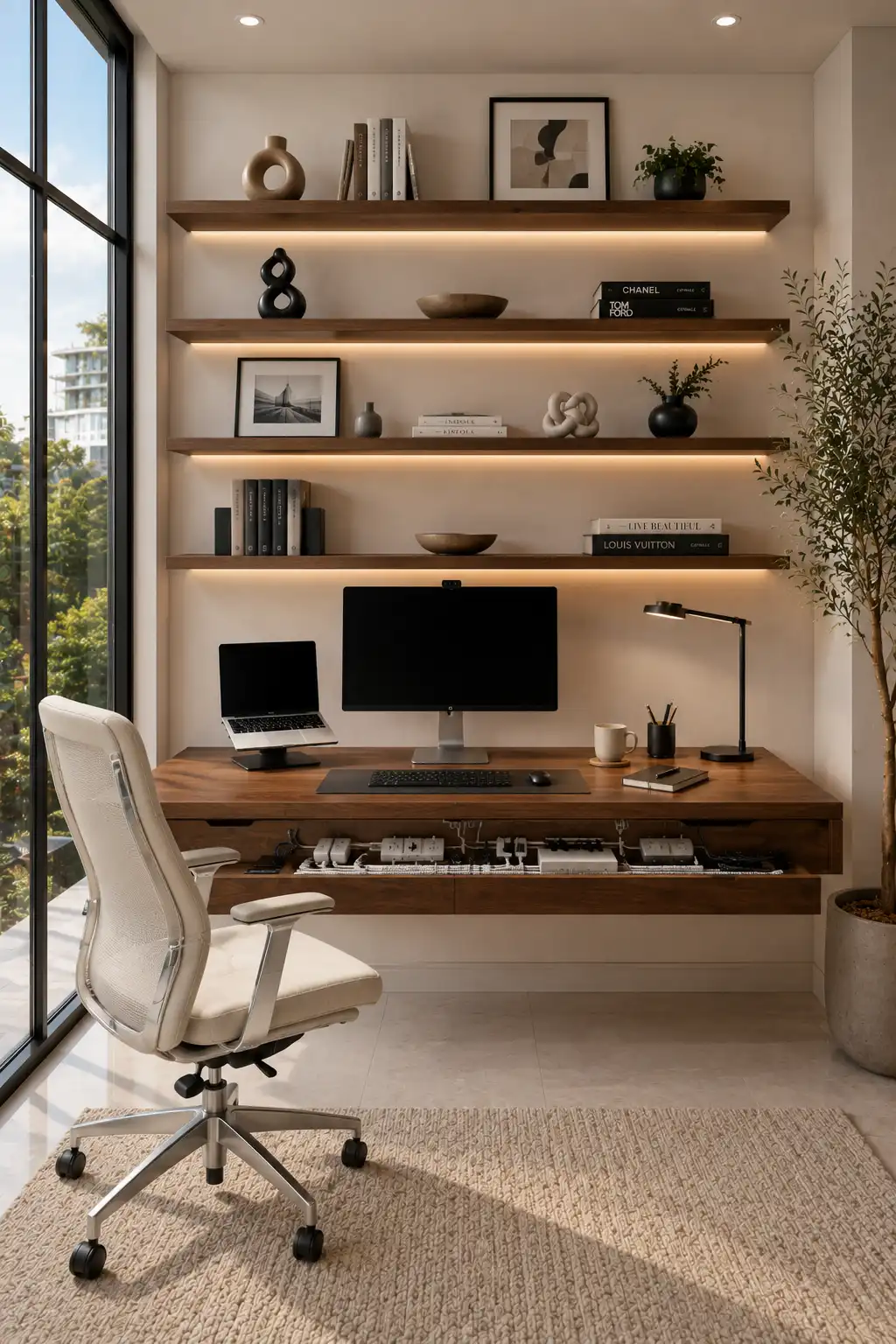 Modern small home office ideas with hidden cable management, floating wood desk, floating shelves, integrated LED lighting, desktop monitor, ergonomic office chair, organized workspace, clutter free office setup, luxury home office inspiration.