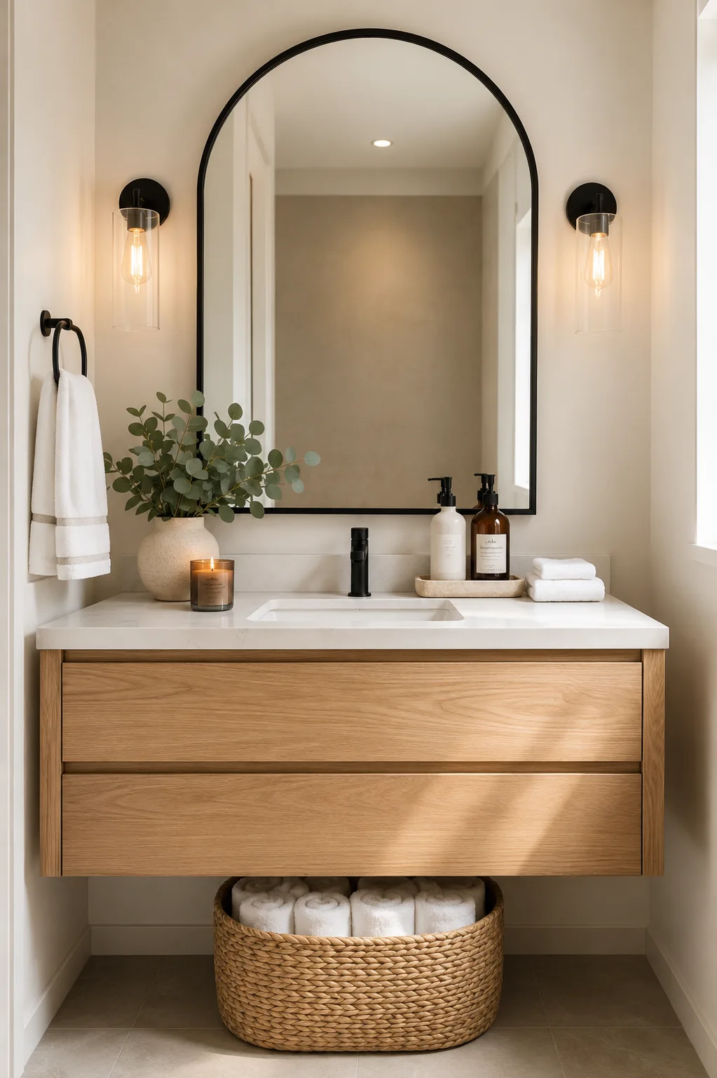 Minimalist floating oak bathroom vanity with oversized arched mirror, matte black faucet, wall sconces, ceramic vase, eucalyptus, luxury soap bottles, woven towel basket, spa inspired bathroom décor, modern small bathroom makeover ideas.