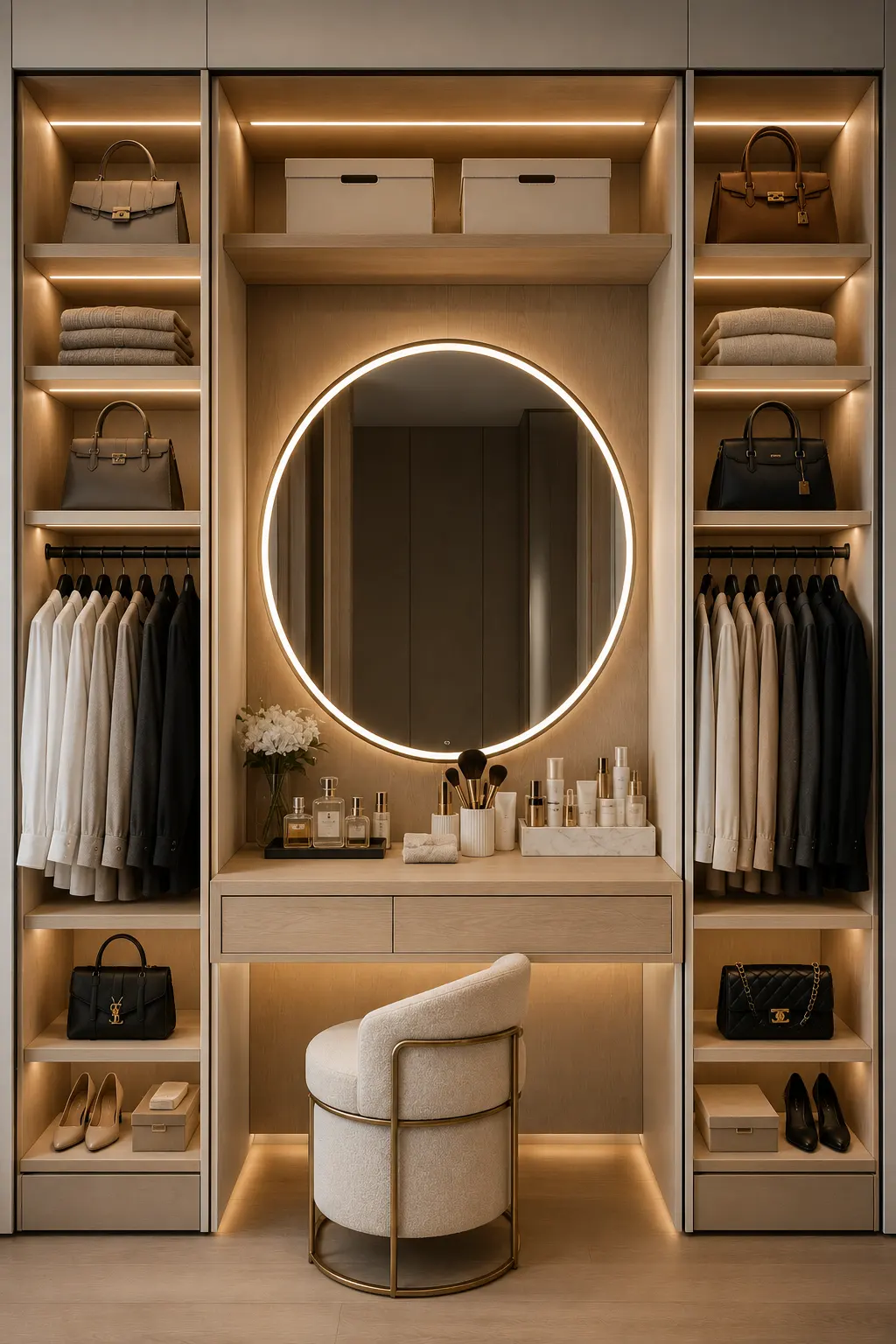 Built in closet vanity featuring illuminated round mirror, floating makeup station, organized beauty drawers, premium cabinetry, upholstered vanity stool, skincare storage, warm LED lighting, luxury dressing area, and smart small closet organization ideas with built in vanity storage.