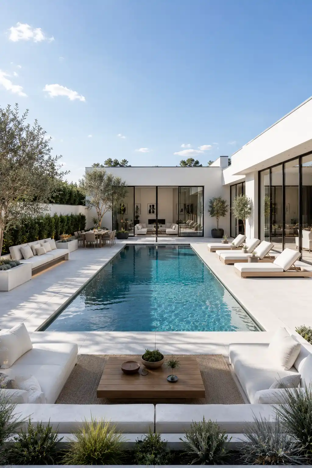 Minimalist white backyard pool featuring clean contemporary architecture, oversized porcelain pavers, premium sun loungers, outdoor dining area, floor to ceiling glass walls, landscaped privacy hedges, and timeless luxury outdoor living design.
