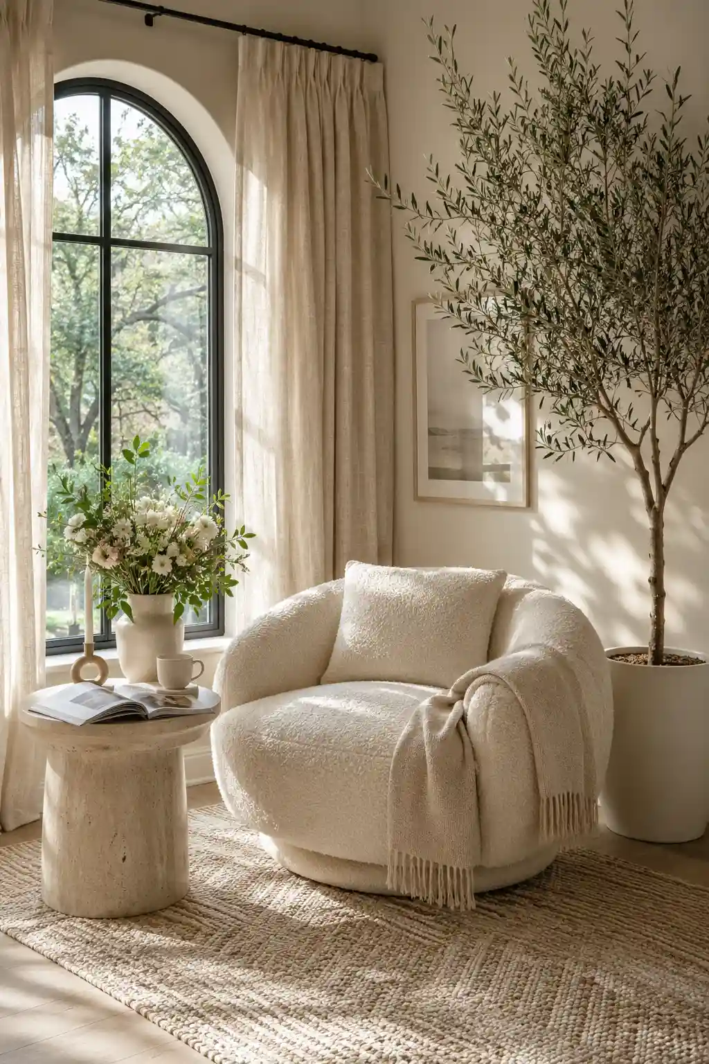 Cozy spring reading nook featuring a cream boucle accent chair, travertine side table, fresh flowers, olive tree, linen curtains, woven rug, and bright natural sunlight creating a relaxing luxury home corner.