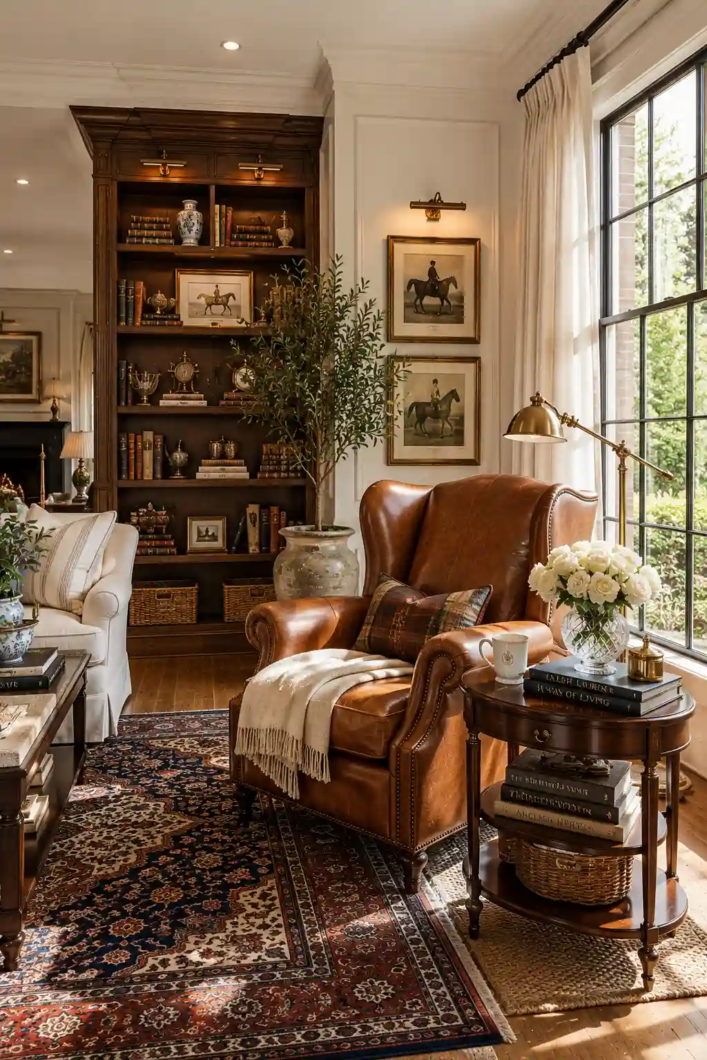 Cozy Ralph Lauren reading corner with a cognac leather wingback chair, walnut bookshelves, Persian area rug, brass reading lamp, round wood side table, luxury coffee table books, fresh white flowers, equestrian artwork, oversized windows, and timeless traditional home library decor.