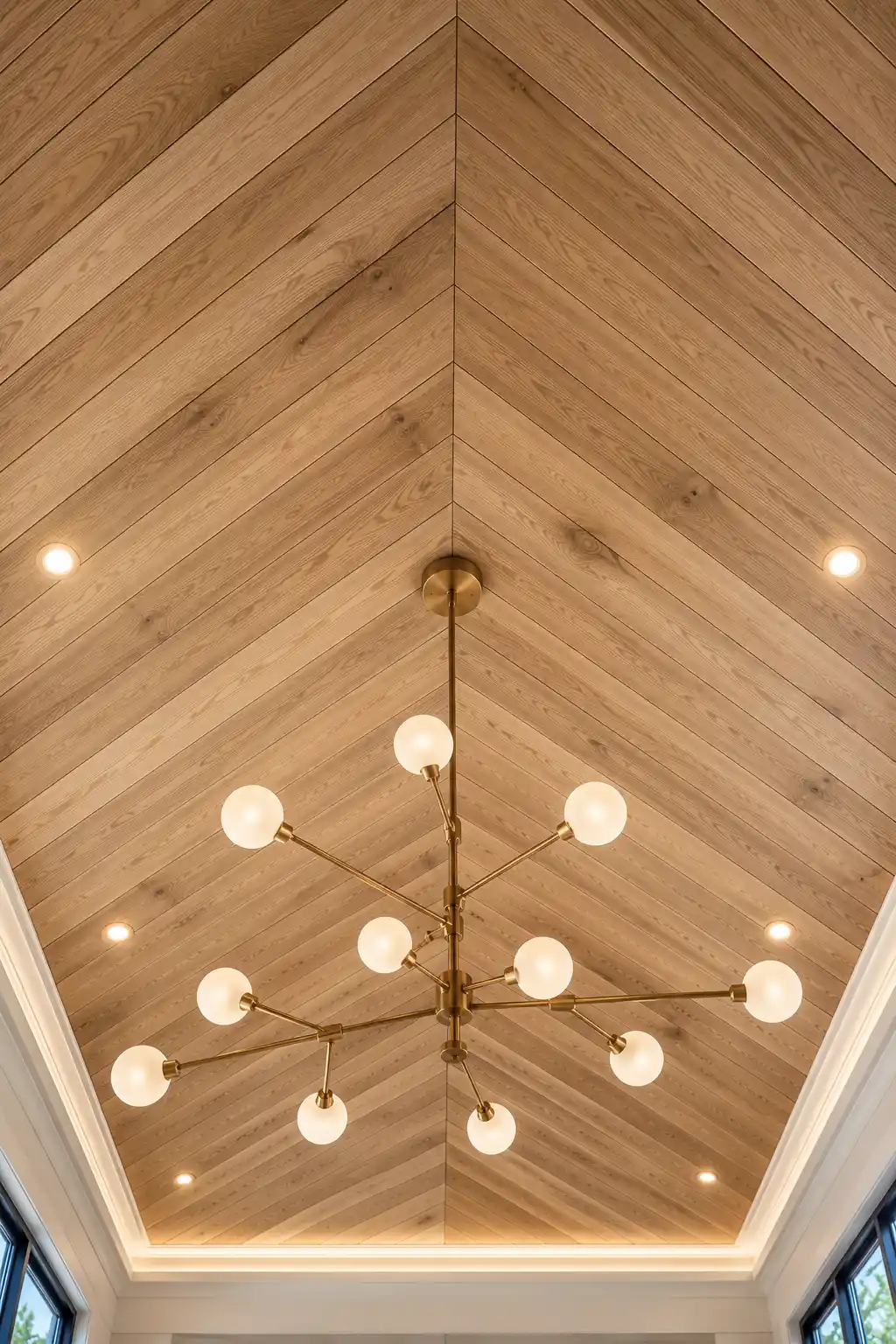 Natural wood herringbone shiplap ceiling with modern brass chandelier, angled wood plank pattern, warm oak finish, recessed lighting, luxury geometric ceiling design, premium architectural ceiling detail, elegant contemporary interior, timeless wood ceiling inspiration, statement herringbone shiplap ceiling ideas