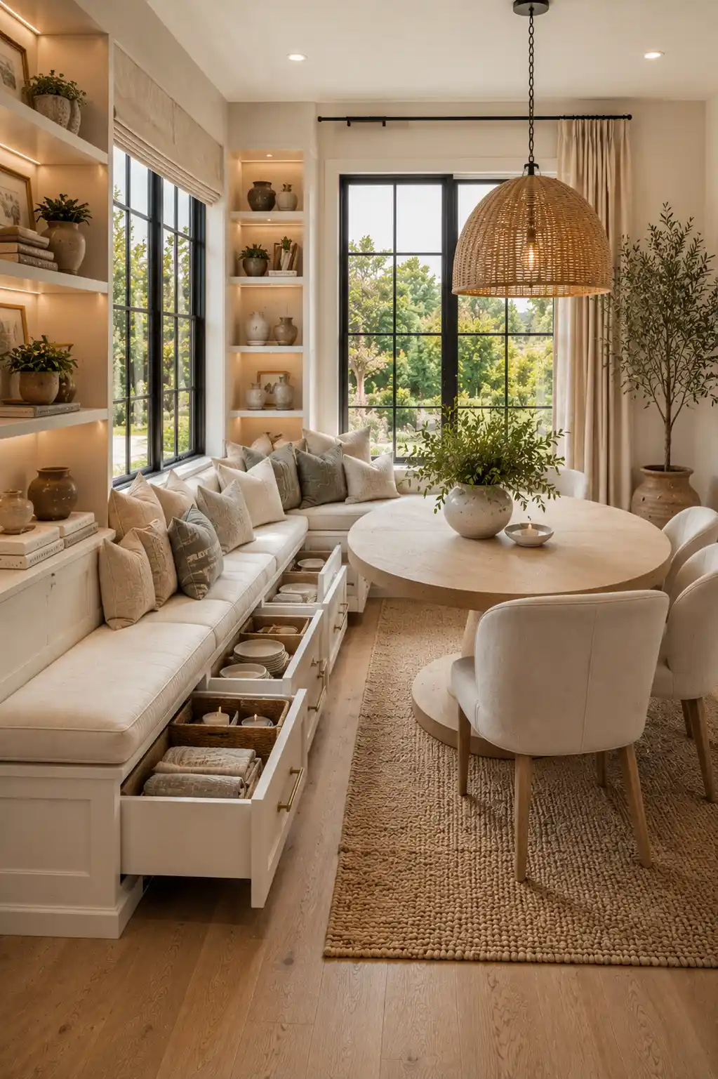 Corner banquette seating with deep storage drawers, built in shelving, white shaker cabinetry, round oak dining table, woven pendant light, custom breakfast nook, organized dining room ideas, hidden storage bench, elegant built in dining seating inspiration.