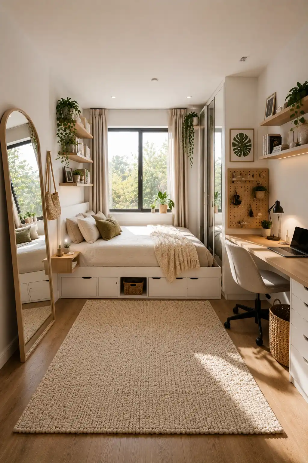Smart small teen bedroom featuring a storage platform bed, built in drawers, floating shelves, compact study desk, mirrored wardrobe, neutral decor, indoor plants, woven baskets, bright natural lighting, and space saving bedroom ideas.