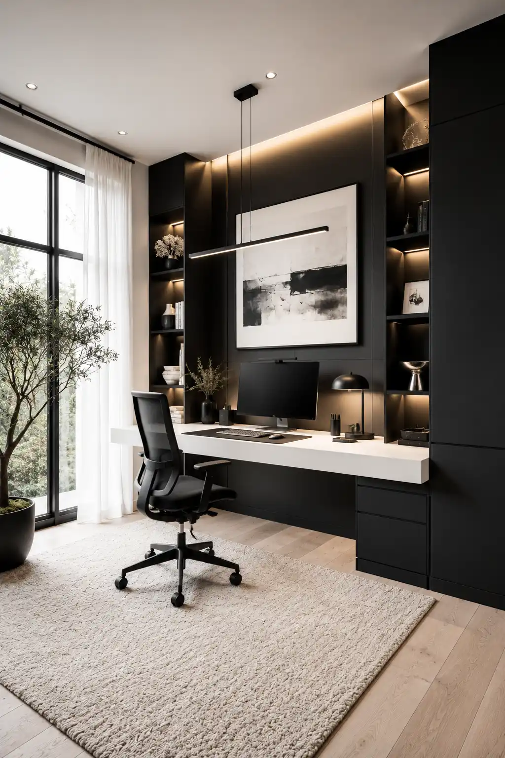 Minimalist built in home office with floating desk, floor to ceiling cabinetry, concealed storage, open display niches, ergonomic chair, pendant lighting, neutral décor, oak flooring, and a clutter free workspace for modern homes.