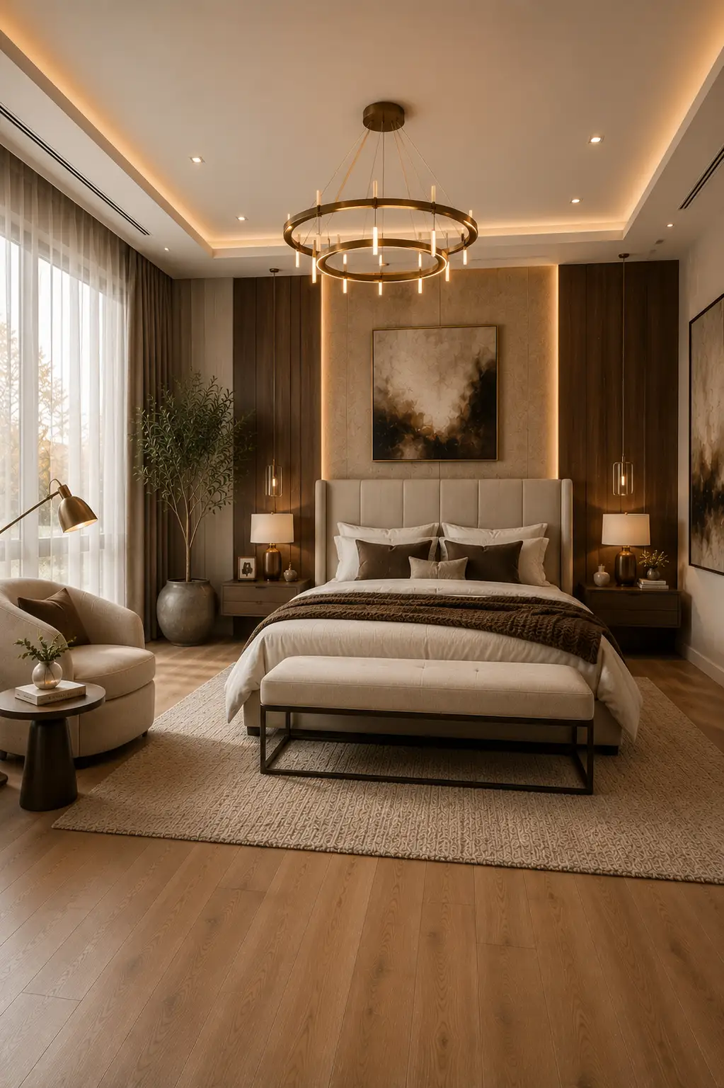 Luxury hotel style fall bedroom with a tall upholstered headboard, walnut accent wall, layered neutral bedding, chocolate brown throw blanket, pendant bedside lights, sculptural chandelier, plush area rug, warm oak flooring, cozy luxury bedroom decor inspiration.