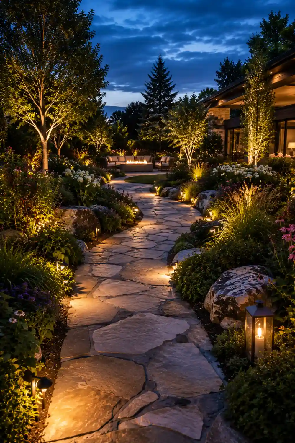 Illuminated natural stone garden pathway glowing with warm landscape lighting, colorful flower beds, manicured shrubs, mature trees, elegant outdoor seating, and a luxury backyard design that creates a beautiful nighttime garden walkway.