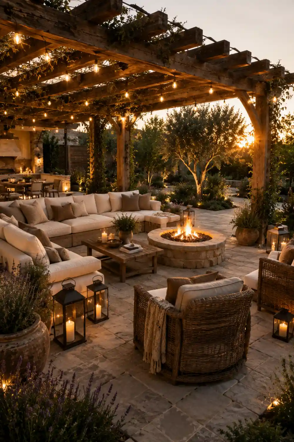 Luxury modern rustic outdoor patio featuring a reclaimed timber pergola, cream outdoor sectional sofa, natural stone fire pit, woven lounge chairs, string lights, lanterns, ceramic planters, stone pavers, lush landscaping, mature olive trees, and warm golden sunset lighting for elegant backyard inspiration.