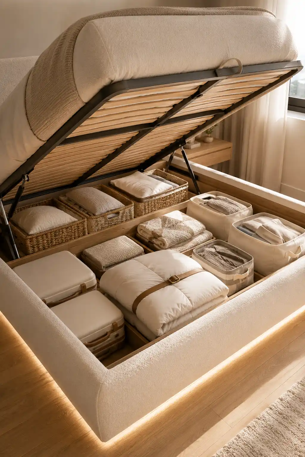 Luxury hydraulic lift up storage bed with a spacious hidden compartment storing blankets, pillows, suitcases, seasonal clothing, and storage bins, providing maximum hidden storage for modern small bedrooms.