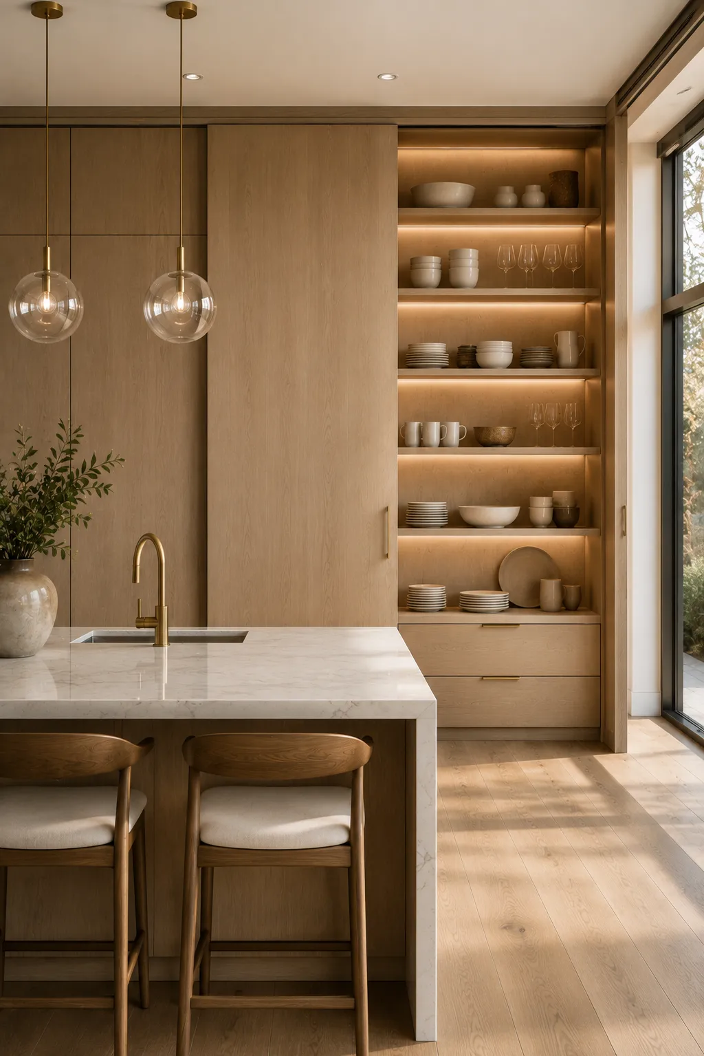 Modern hidden dish storage behind large sliding wood panels featuring illuminated open shelves, ceramic dinnerware, wine glasses, serving bowls, custom drawers, warm LED lighting, white oak cabinetry, luxury kitchen organization, concealed storage ideas, and minimalist interior design.
