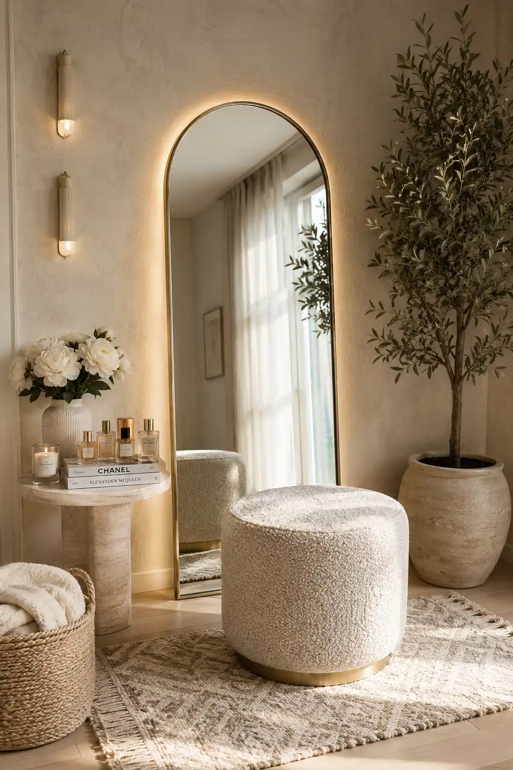Elegant dressing corner with oversized arched mirror, boucle ottoman, stone side table, perfumes, flowers, warm lighting, and luxury teen girl bedroom decor inspiration.