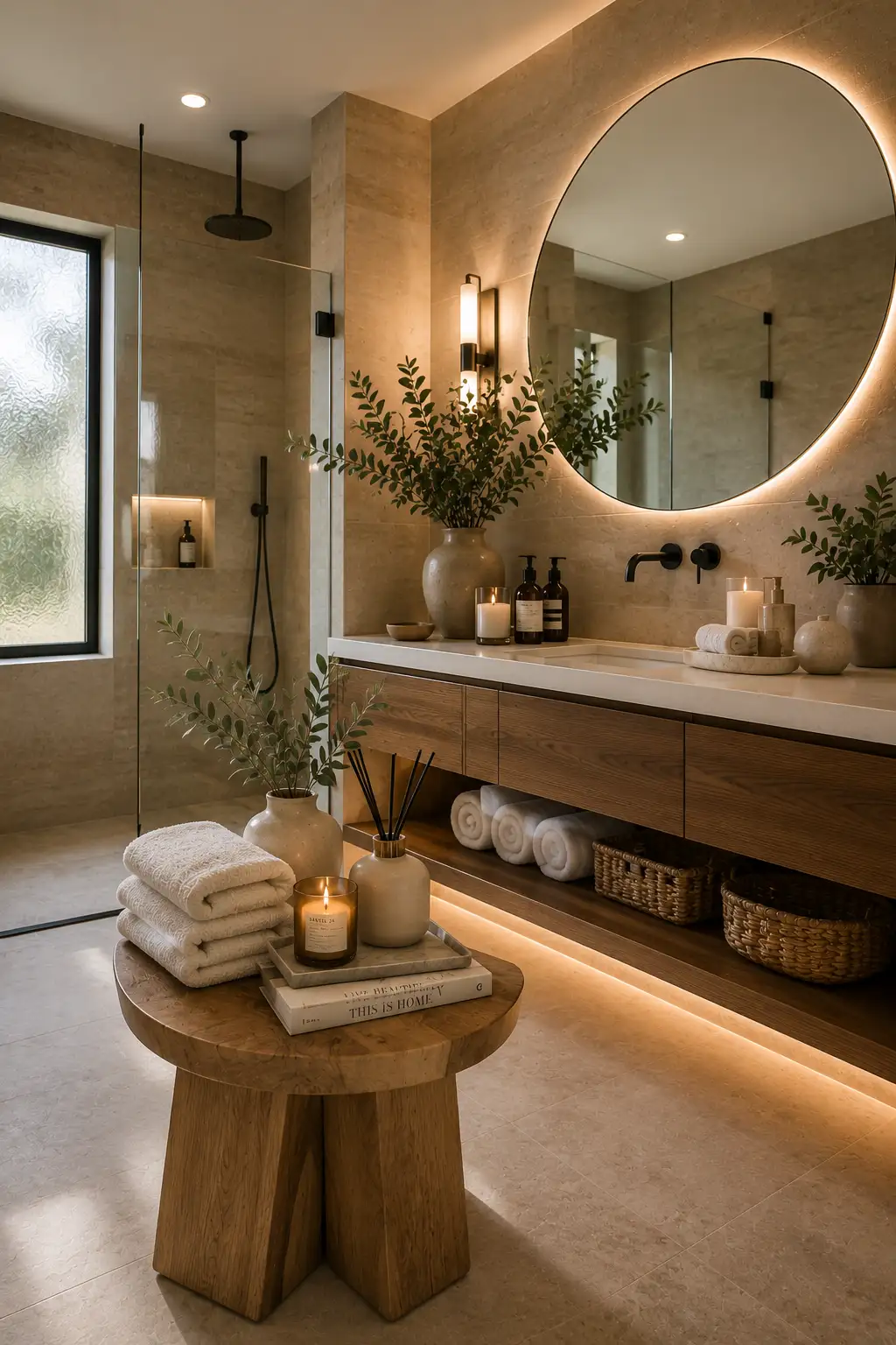 Elegant guest bathroom styled with a decorative wooden stool displaying folded towels, scented candles, reed diffuser, books, greenery, and modern spa inspired accessories beside a floating vanity.