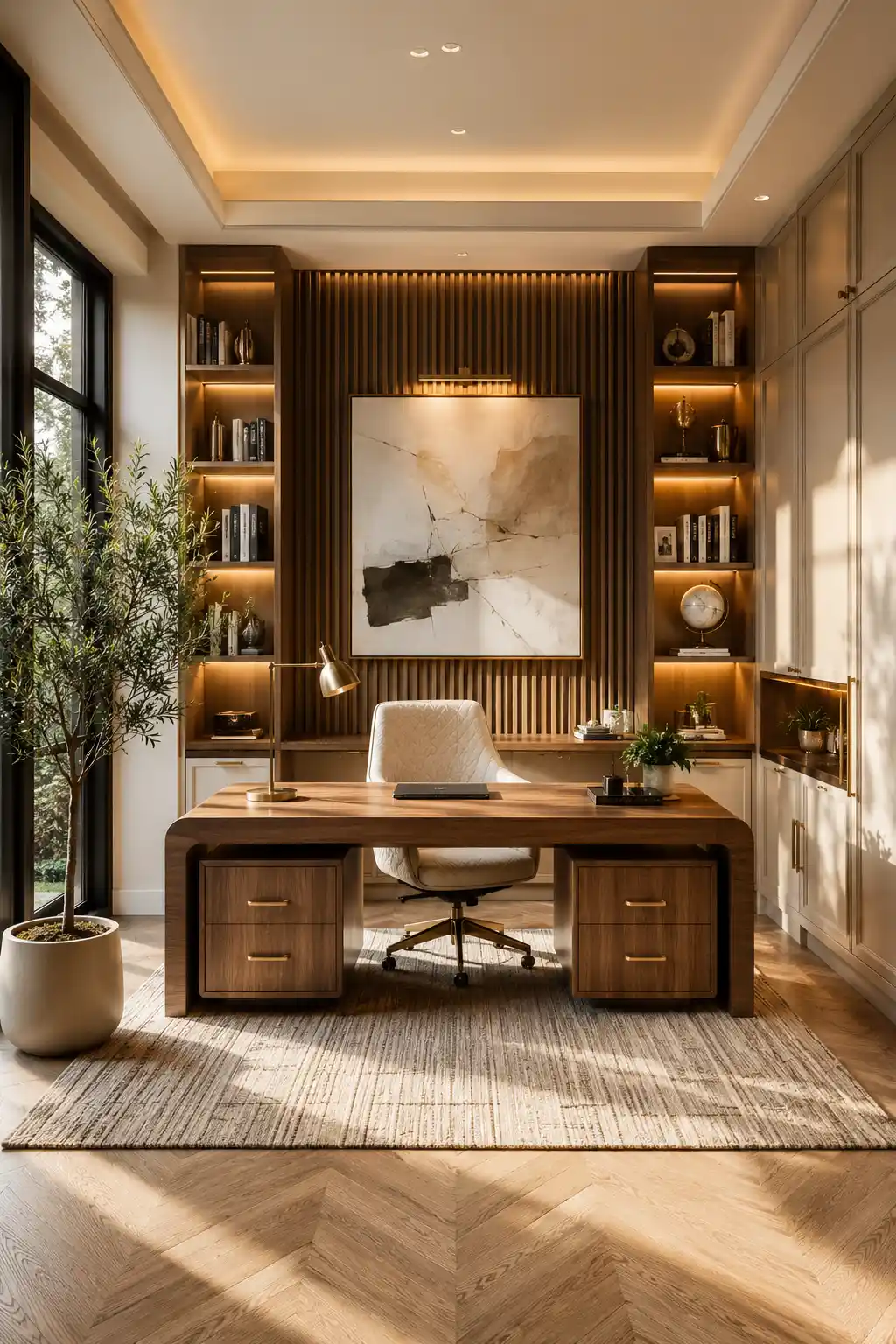 Custom built in luxury home office with floor to ceiling cabinetry, walnut executive desk, illuminated shelving, statement wood feature wall, ergonomic office chair, premium décor, large windows, warm lighting, and elegant space saving design.
