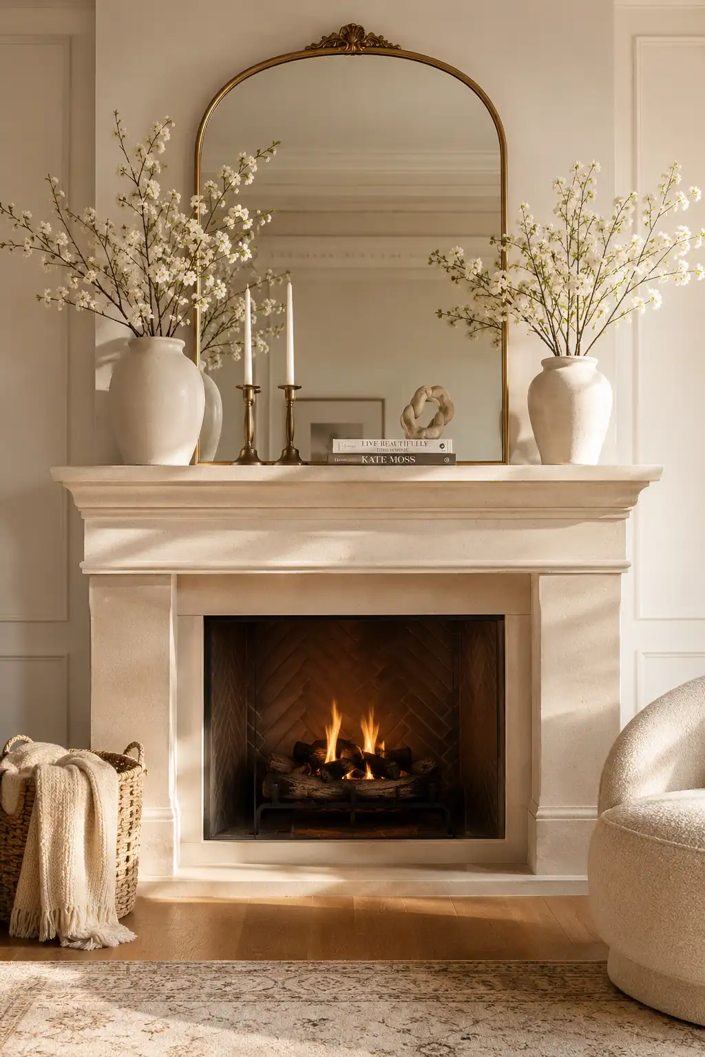 Luxury fireplace mantel styled with an oversized arched mirror, ceramic vases filled with cherry blossoms, brass candle holders, stacked books, woven basket, and elegant spring living room decor with soft daylight.