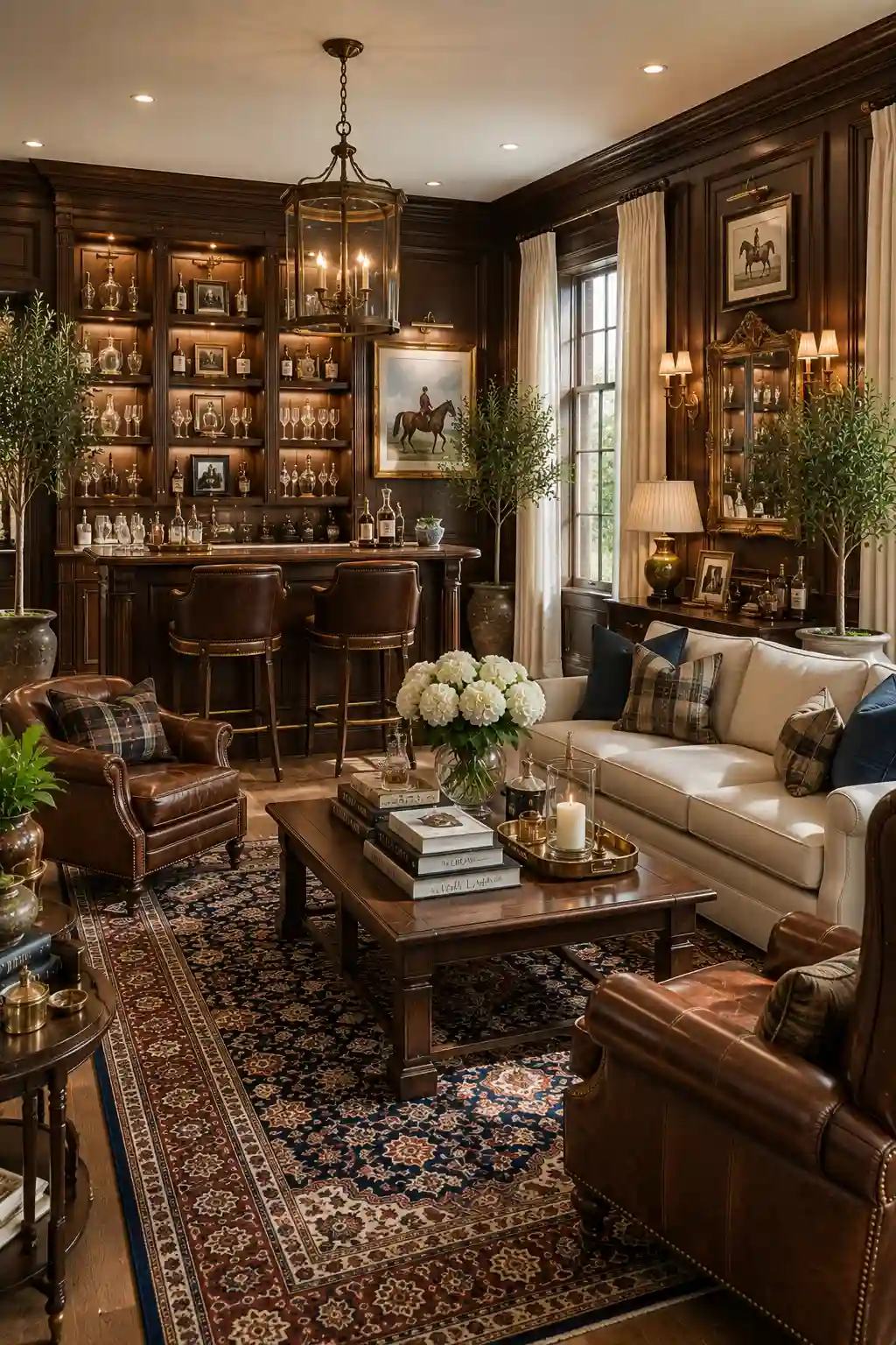 Luxury Ralph Lauren home bar with rich walnut wall paneling, custom built cocktail bar, leather bar stools, illuminated glass shelving, crystal decanters, cream sofa, leather armchairs, Persian area rug, antique brass lighting, elegant entertaining space, and timeless traditional luxury home decor.