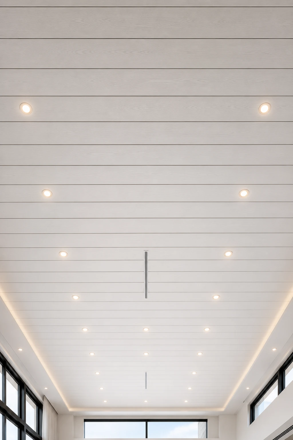 Modern white shiplap ceiling with symmetrical recessed lighting layout, hidden linear air vents, elegant cove lighting, expansive luxury ceiling design, smooth painted wood planks, bright contemporary architecture, timeless minimalist ceiling inspiration, premium white shiplap ceiling ideas for modern homes