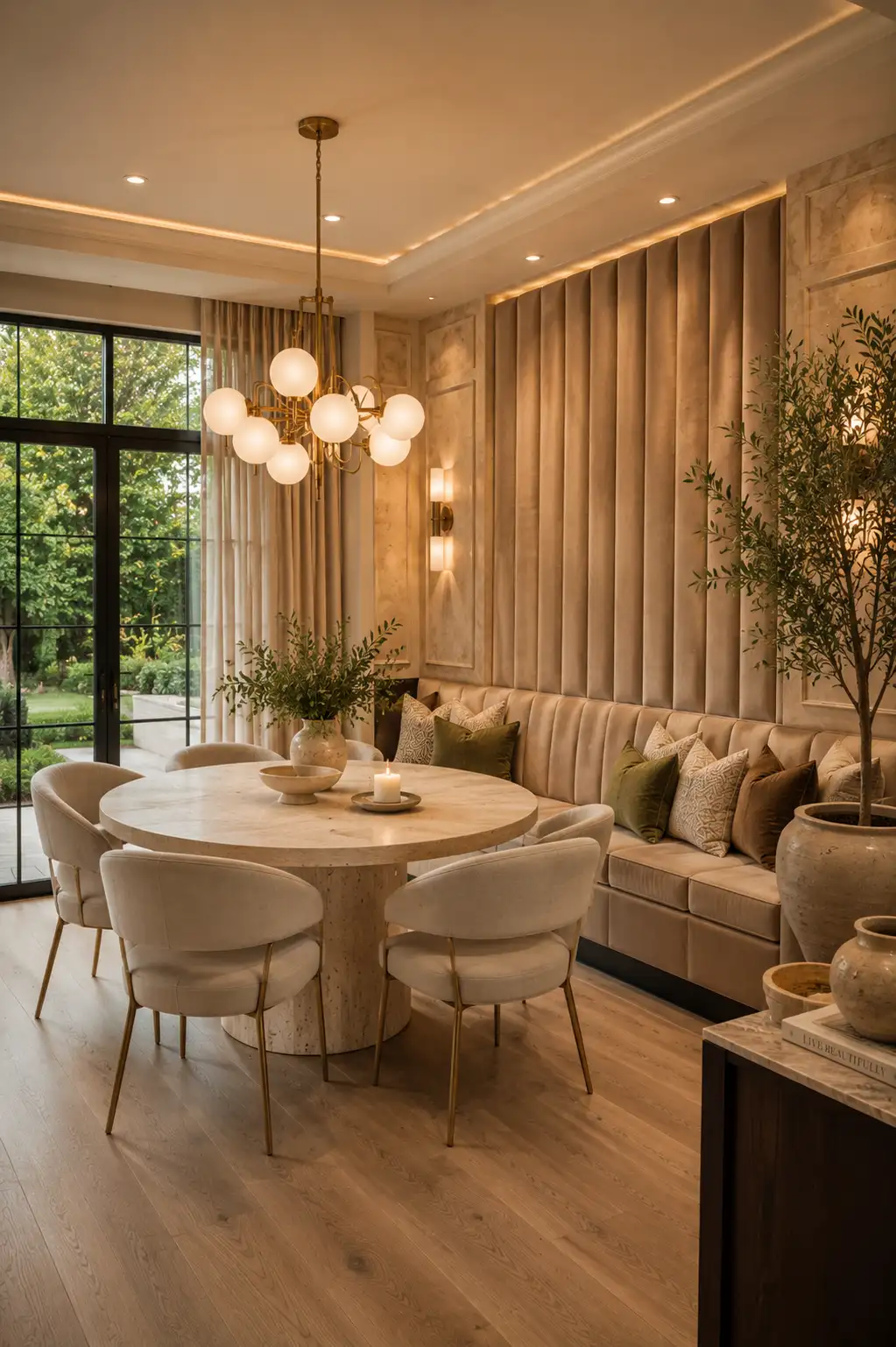 Channel tufted banquette seating with upholstered feature wall, round travertine dining table, brass globe chandelier, luxury dining nook, custom built in bench seating, elegant dining room décor, hotel inspired interiors, modern classic breakfast nook ideas.