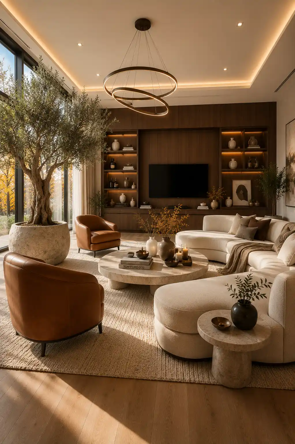 Luxury contemporary living room with an oversized indoor olive tree, curved cream sectional sofa, cognac leather accent chairs, sculptural stone coffee table, illuminated walnut built in shelving, decorative ceramic vases, autumn branches, warm oak flooring, modern luxury fall home decor, elegant living room inspiration.