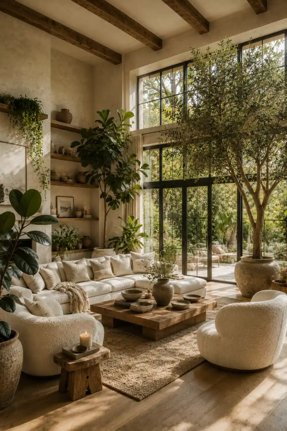 Luxury modern rustic living room featuring beautifully mixed wood tones including reclaimed ceiling beams, handcrafted oak coffee table, floating wood shelves, cream boucle seating, oversized indoor trees, woven rug, ceramic décor, large black framed windows, natural sunlight, and timeless layered rustic interior styling.