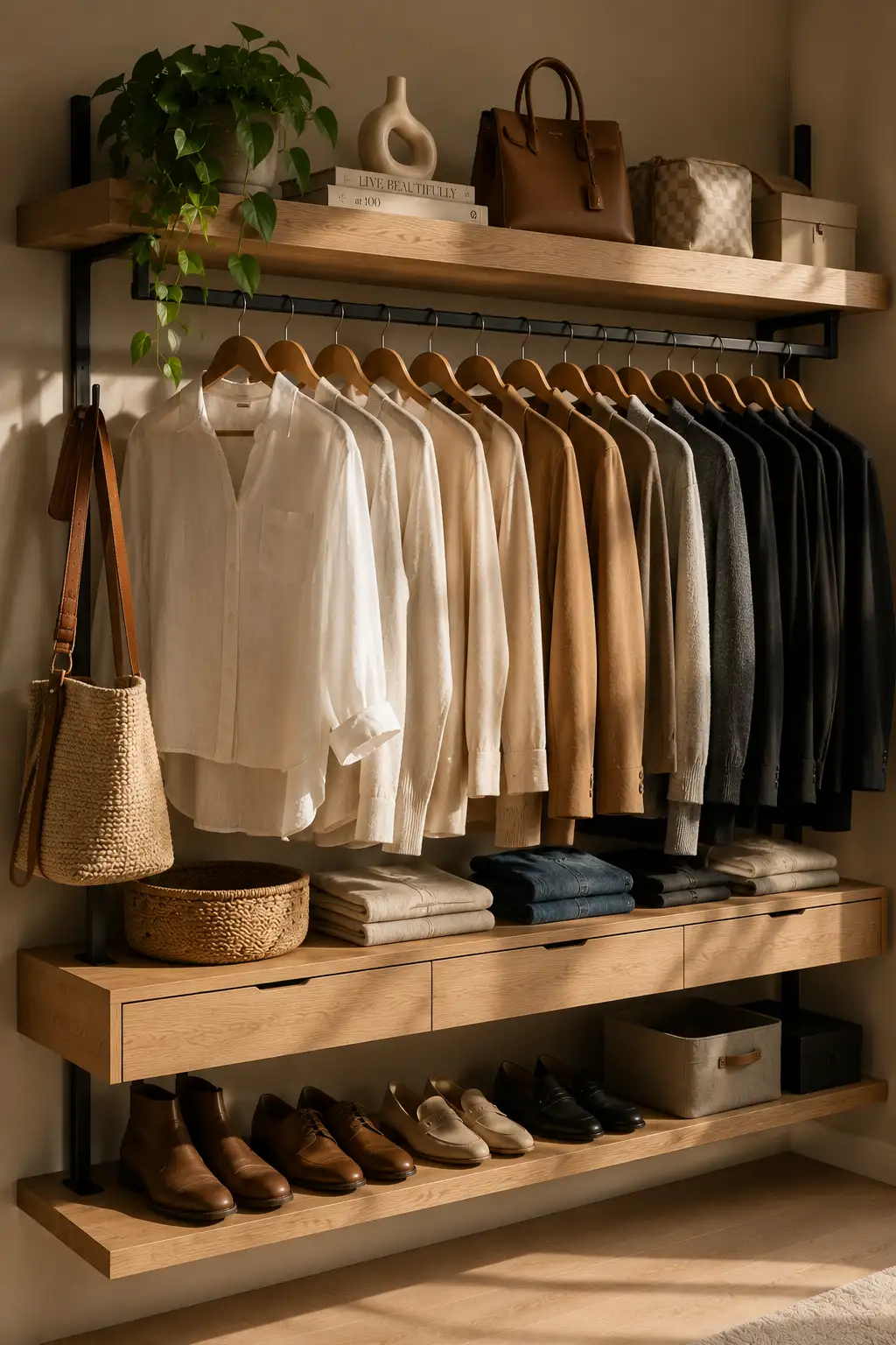 Modern wall mounted clothing rack with wooden shelves, hanging rail, shoes, handbags, folded clothes, storage boxes, and organized outfits, creating boutique style storage in a compact bedroom.