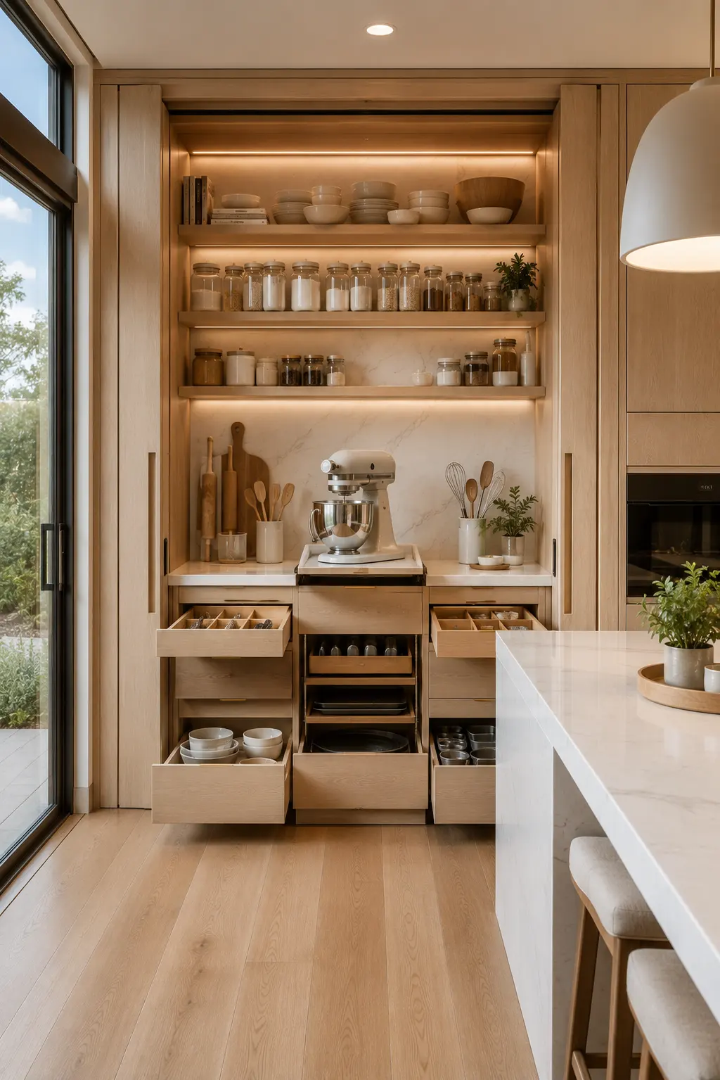 Luxury hidden baking station behind pocket doors featuring a premium stand mixer, custom pull out drawers, baking trays, measuring tools, labeled glass ingredient jars, quartz countertop, warm LED shelf lighting, white oak cabinetry, concealed baking storage, and modern kitchen organization ideas.