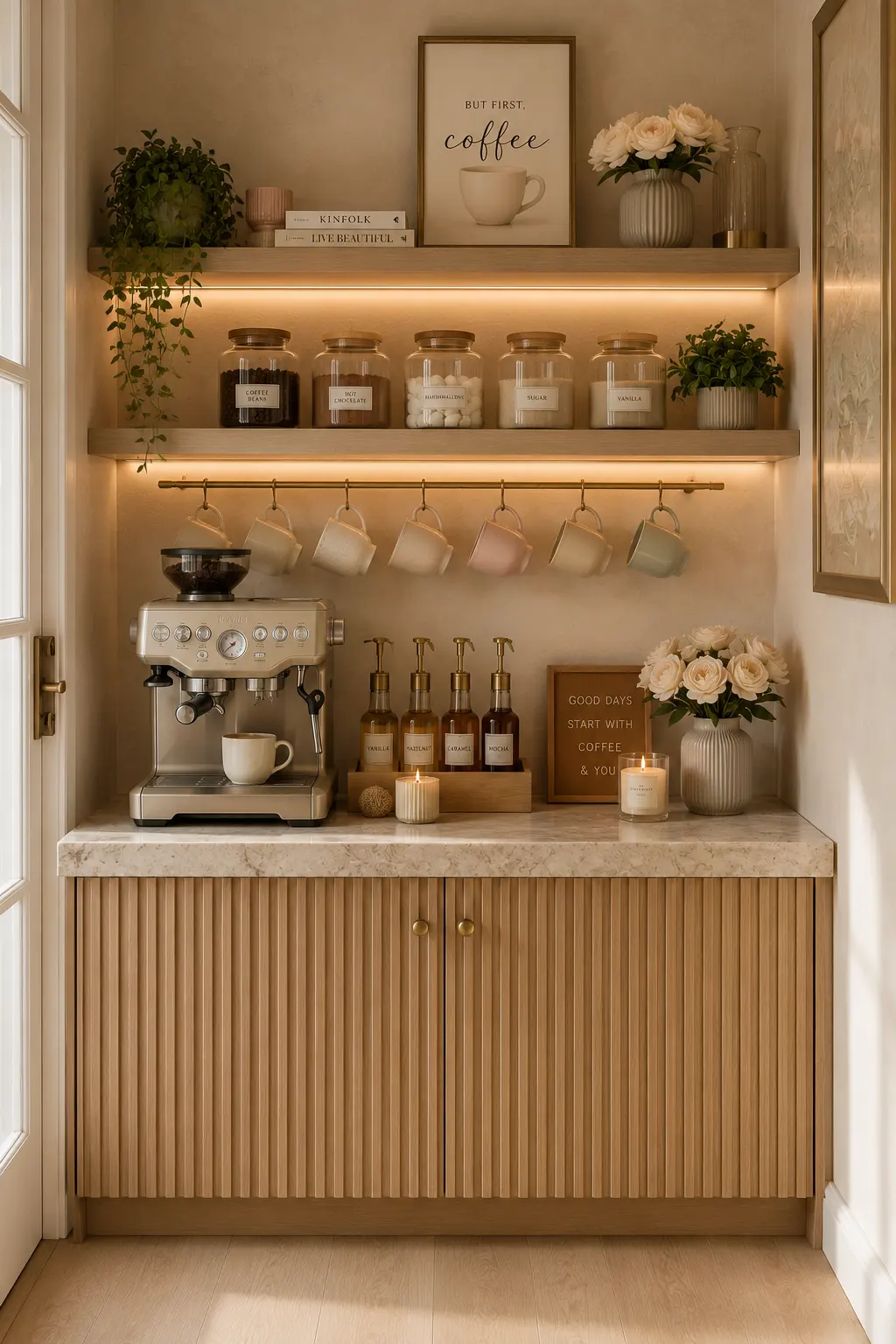 Cozy bedroom coffee station with espresso machine, floating wooden shelves, hanging mugs, glass jars, warm LED lighting, decorative accessories, and luxury teen girl bedroom inspiration.