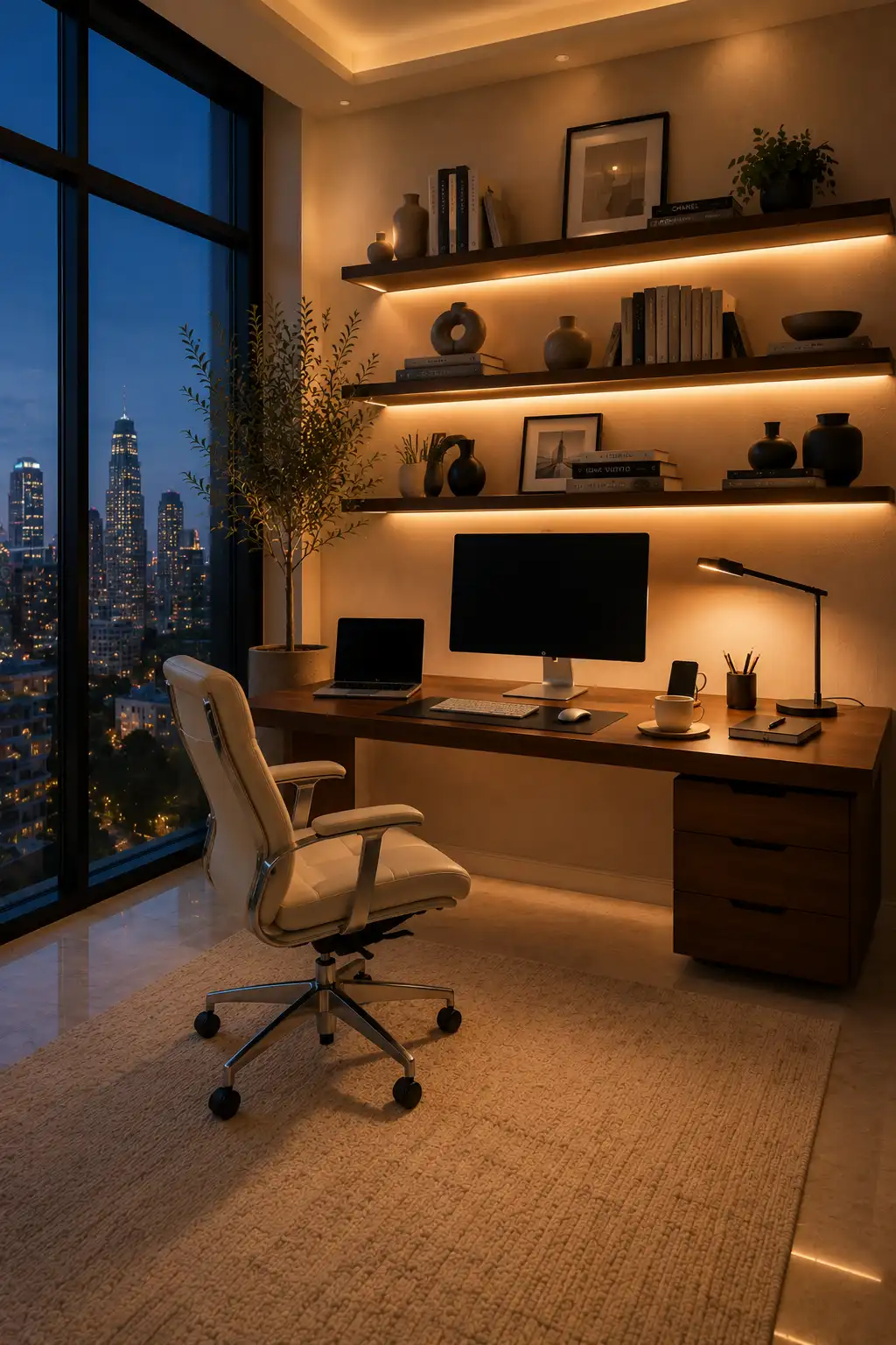 Luxury small home office ideas featuring warm ambient lighting, illuminated floating shelves, wooden desk, ergonomic office chair, modern task lamp, evening workspace, city skyline view, elegant office décor, cozy productivity workspace inspiration.