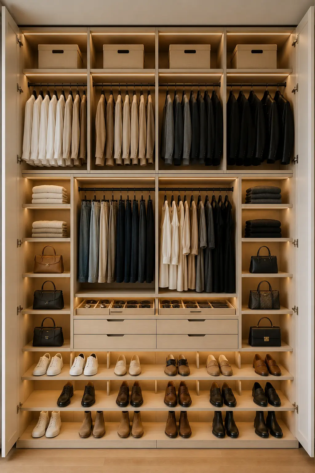 Luxury custom closet divided into dedicated storage zones featuring organized shirts, jackets, handbags, shoes, folded clothing, premium shelving, warm LED lighting, modern wardrobe cabinetry, and smart small closet organization ideas with custom storage sections.