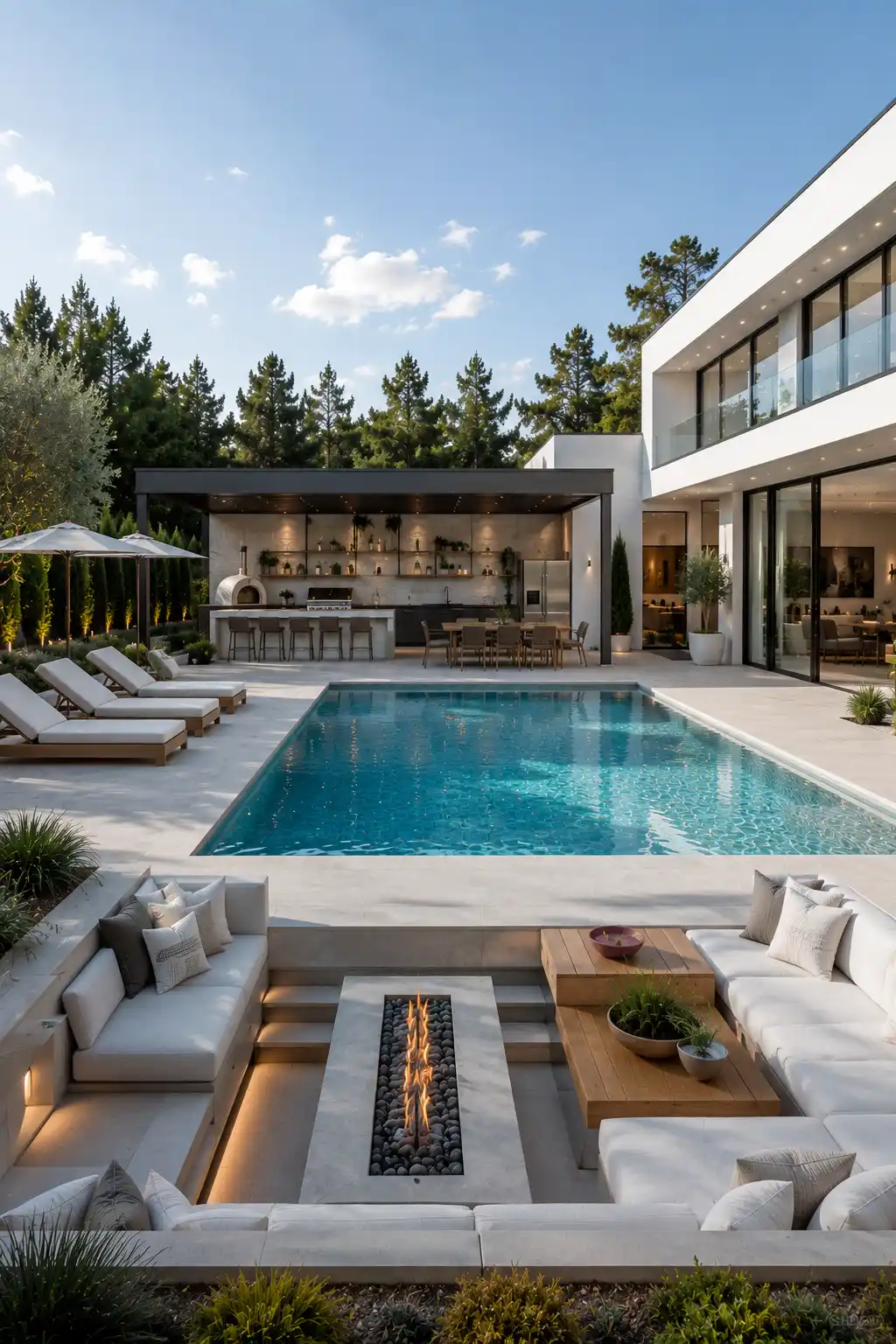 Luxury backyard pool with outdoor entertainment pavilion, covered kitchen, pizza oven, premium fire pit lounge, modern white contemporary home, oversized porcelain pavers, elegant sun loungers, landscaped garden, and resort style outdoor living.