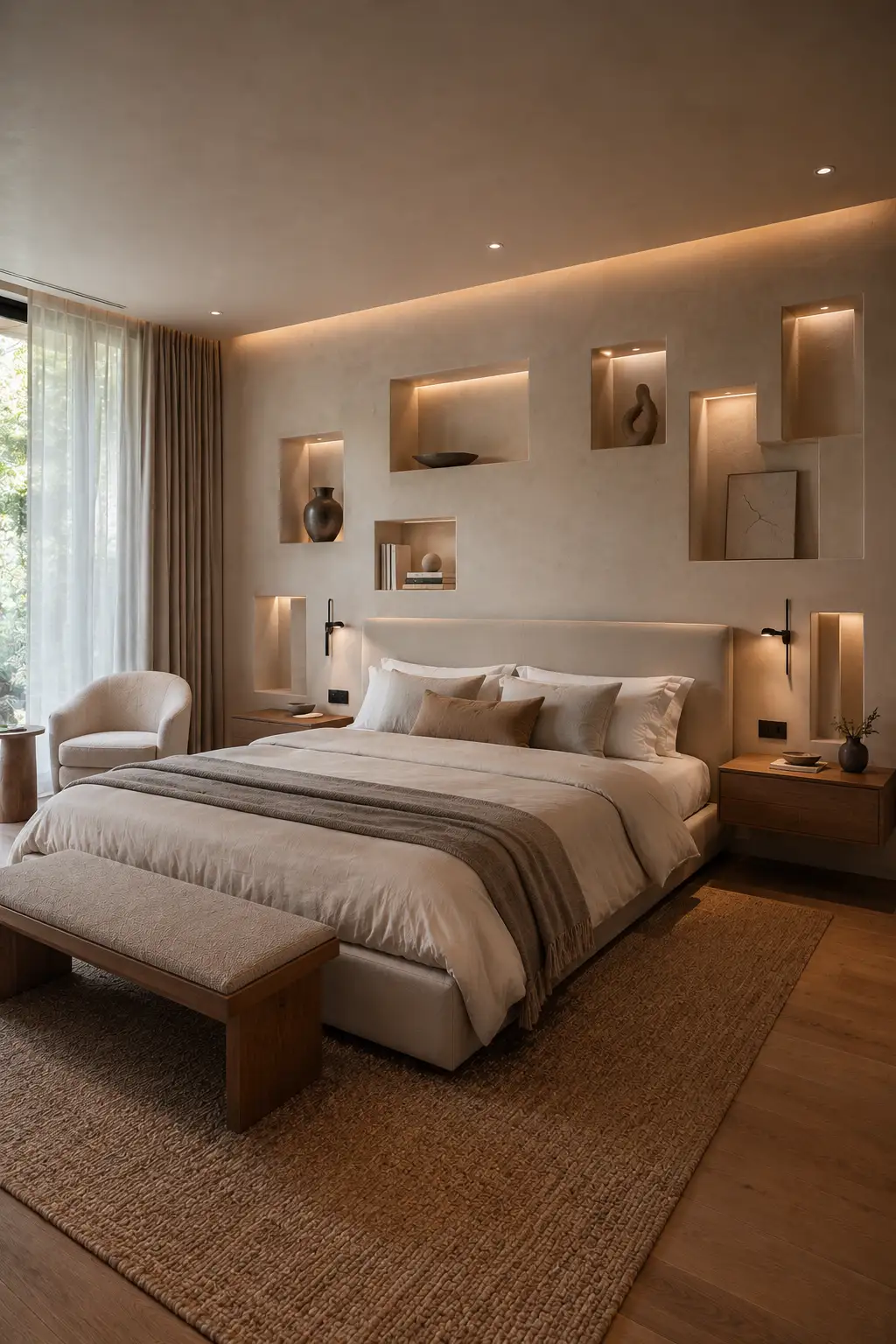 Warm modern bedroom featuring integrated display niches above and around the upholstered headboard, softly illuminated recessed shelves, sculptural ceramics, books, neutral bedding, floating wood nightstands, wall lights, and sophisticated contemporary bedroom decor.