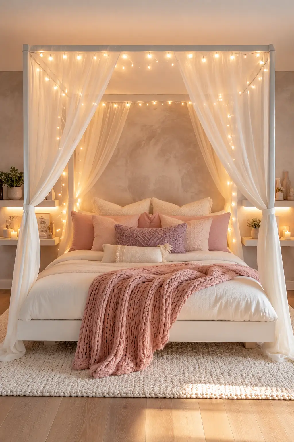 Dreamy canopy bed with sheer curtains, warm fairy lights, layered bedding, decorative pillows, cozy neutral decor, and magical modern teen girl bedroom inspiration.