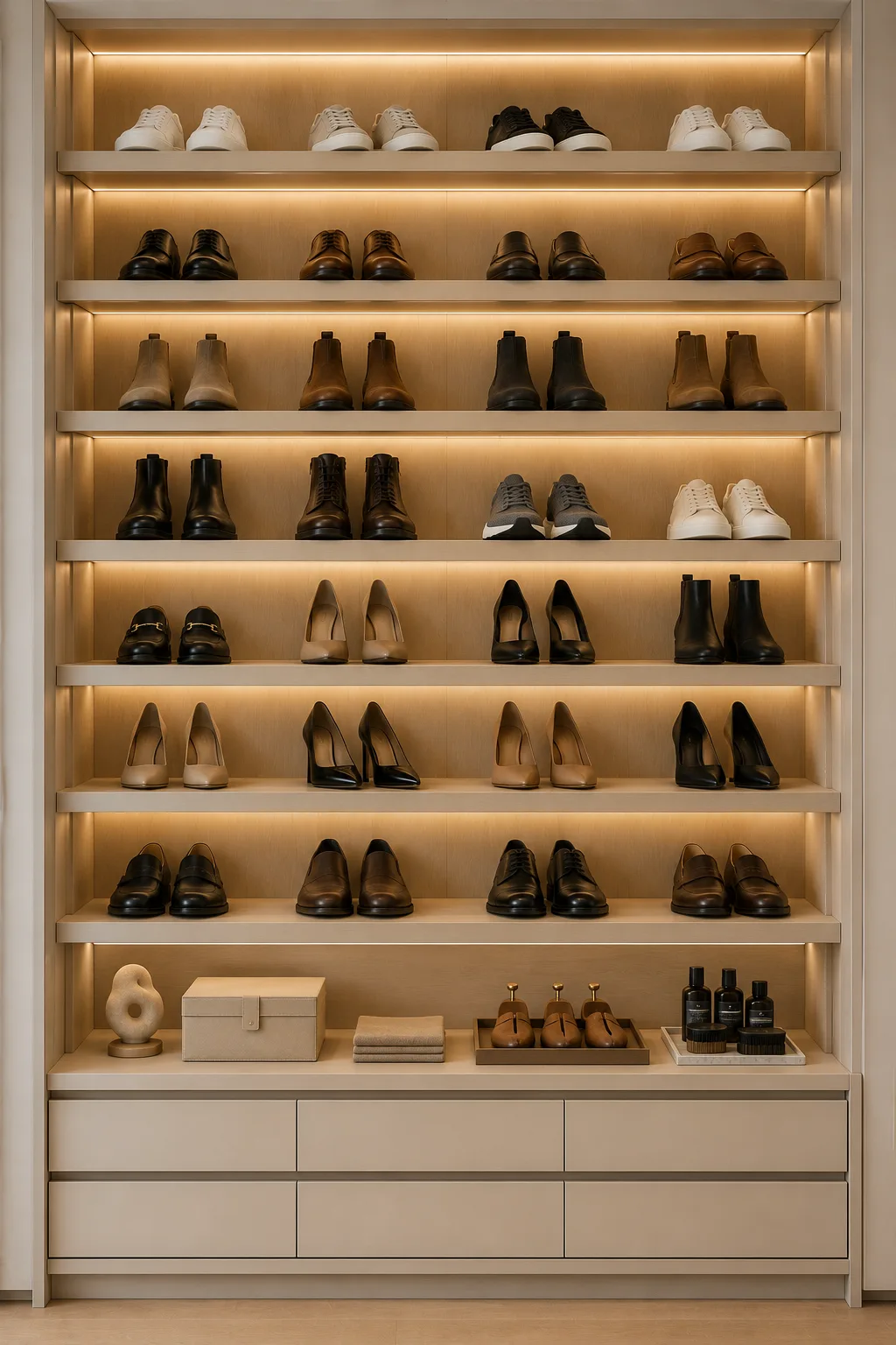 Luxury floating shoe shelves inside a custom closet featuring organized sneakers, heels, boots, premium wood shelving, warm integrated LED lighting, boutique style shoe display, modern wardrobe storage, and stylish small closet organization ideas for maximizing shoe storage.