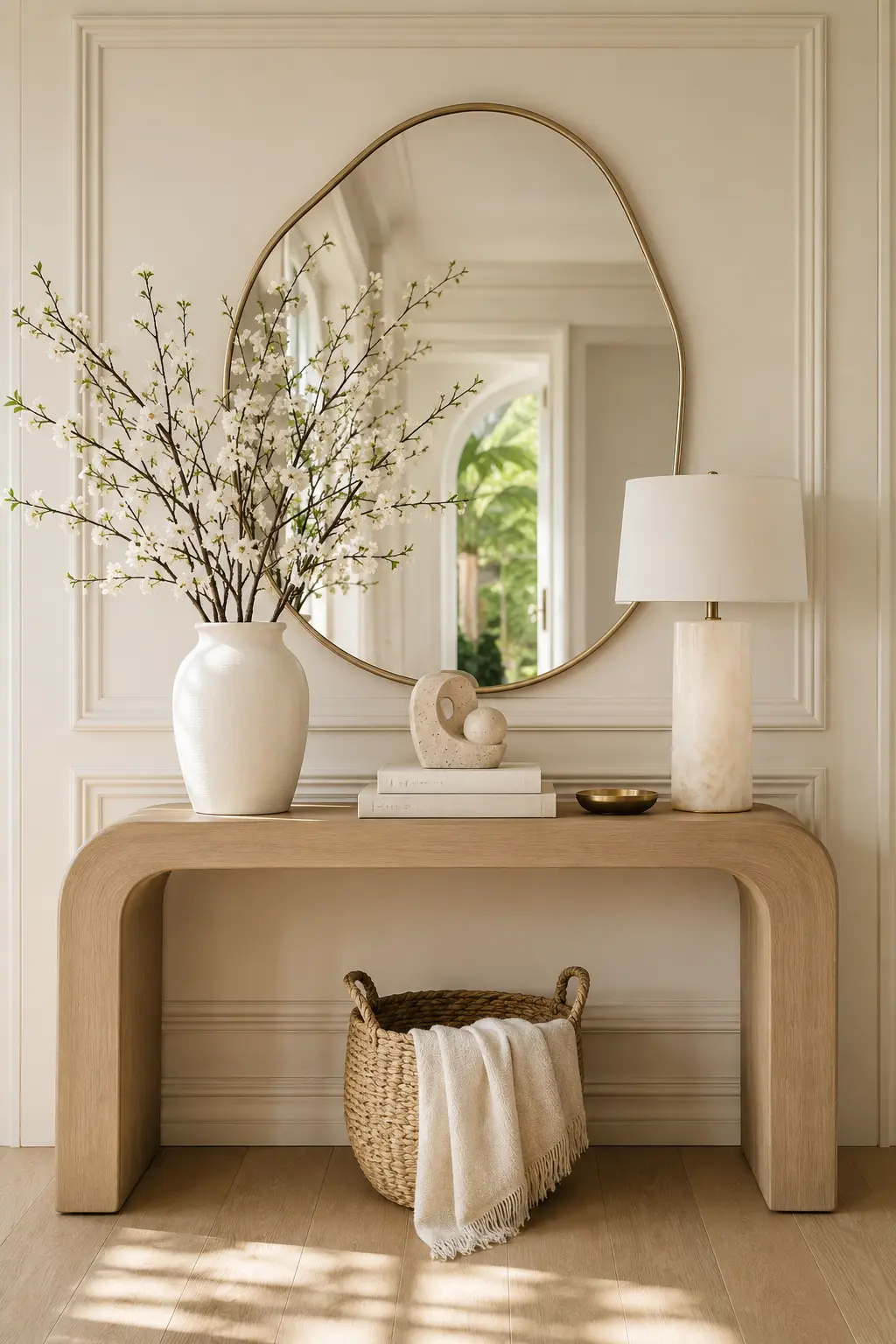 Designer light oak console table styled with white cherry blossom branches, modern table lamp, sculptural decor, coffee table books, woven basket, and oversized mirror creating an elegant spring entryway.