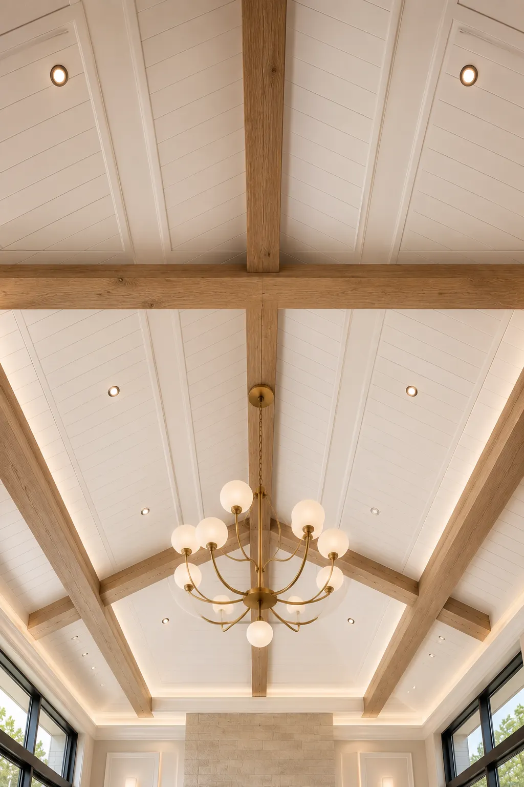 Vaulted white shiplap ceiling with exposed natural oak beams, elegant brass chandelier, recessed lighting, luxury cathedral ceiling design, warm wood beam accents, premium architectural ceiling inspiration, timeless farmhouse elegance, beautifully crafted beam ceiling with classic white shiplap panels