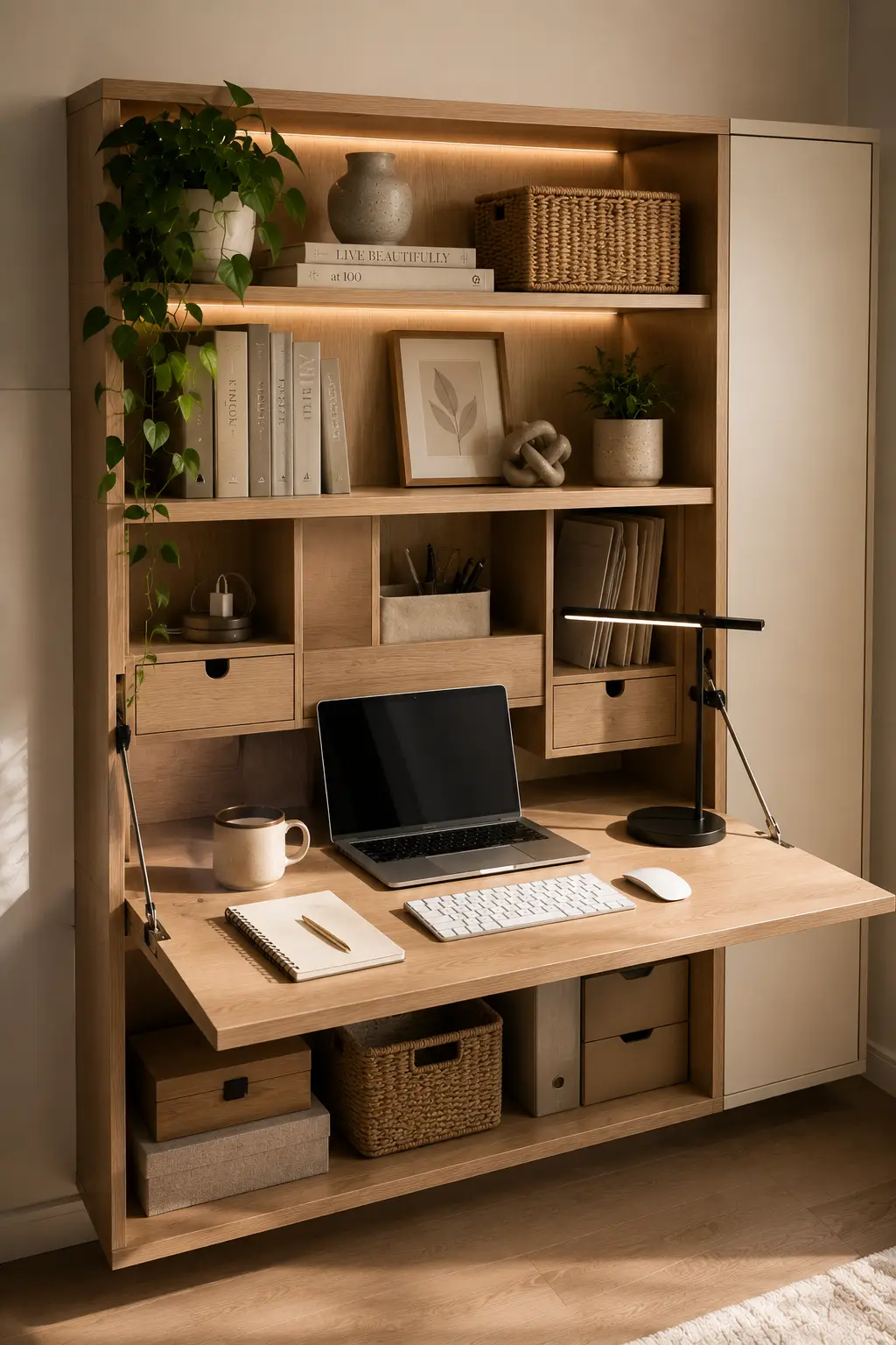 Modern fold down wall desk with built in shelves, hidden storage compartments, books, office supplies, decorative accessories, and a compact workspace, offering smart multifunctional storage for a small bedroom.