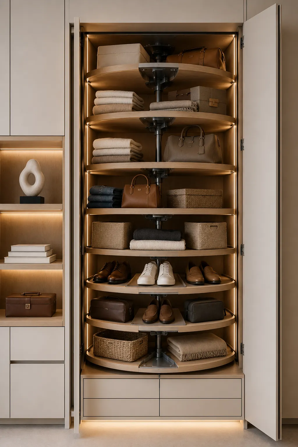 Rotating corner carousel storage system inside a luxury custom closet featuring circular shelving, organized handbags, folded clothing, shoes, storage baskets, premium wood cabinetry, warm LED lighting, space saving rotating organizer, and innovative small closet organization ideas for corner storage.